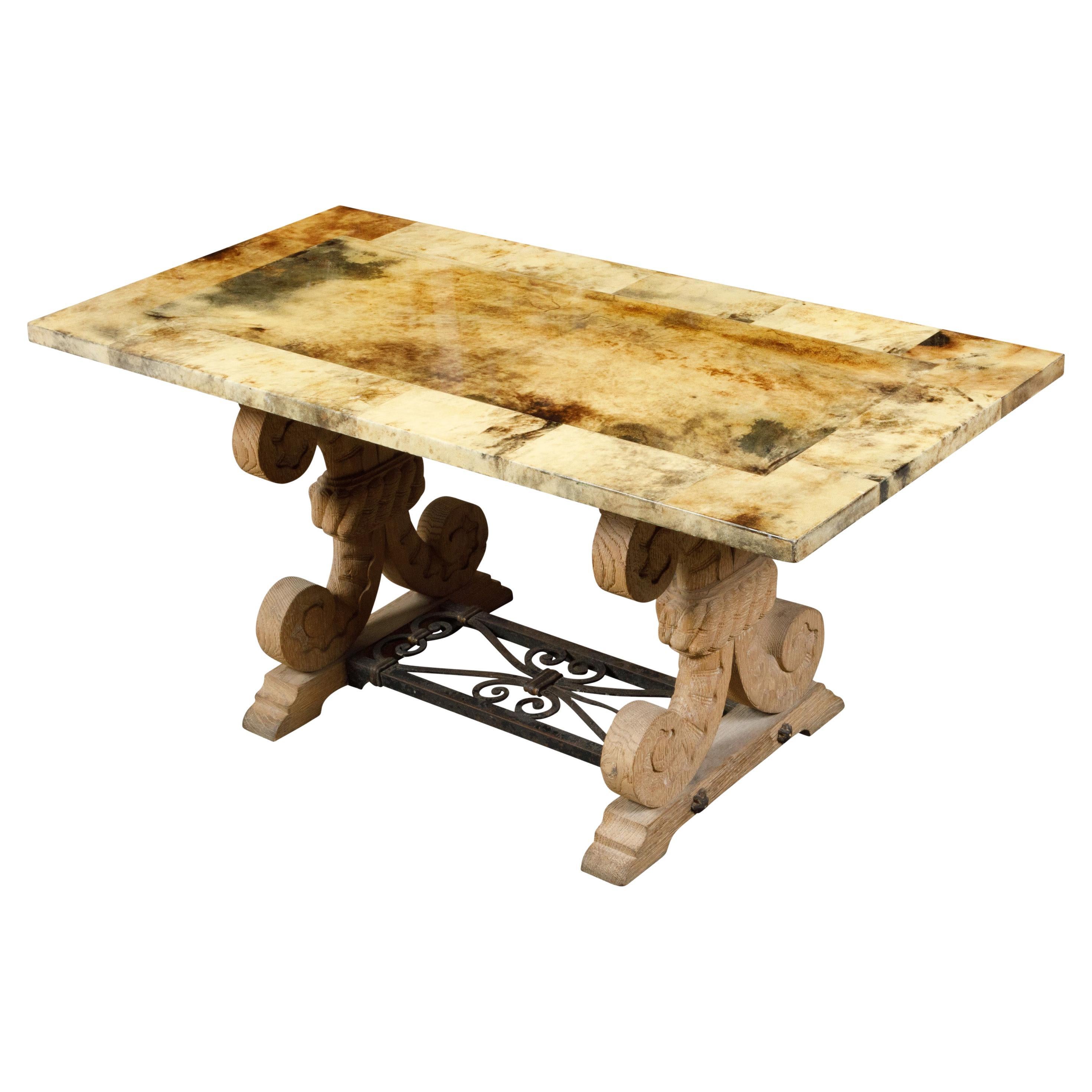 Italian Coffee Table Made of 19th Century Bleached Oak Base and Later Vellum Top For Sale