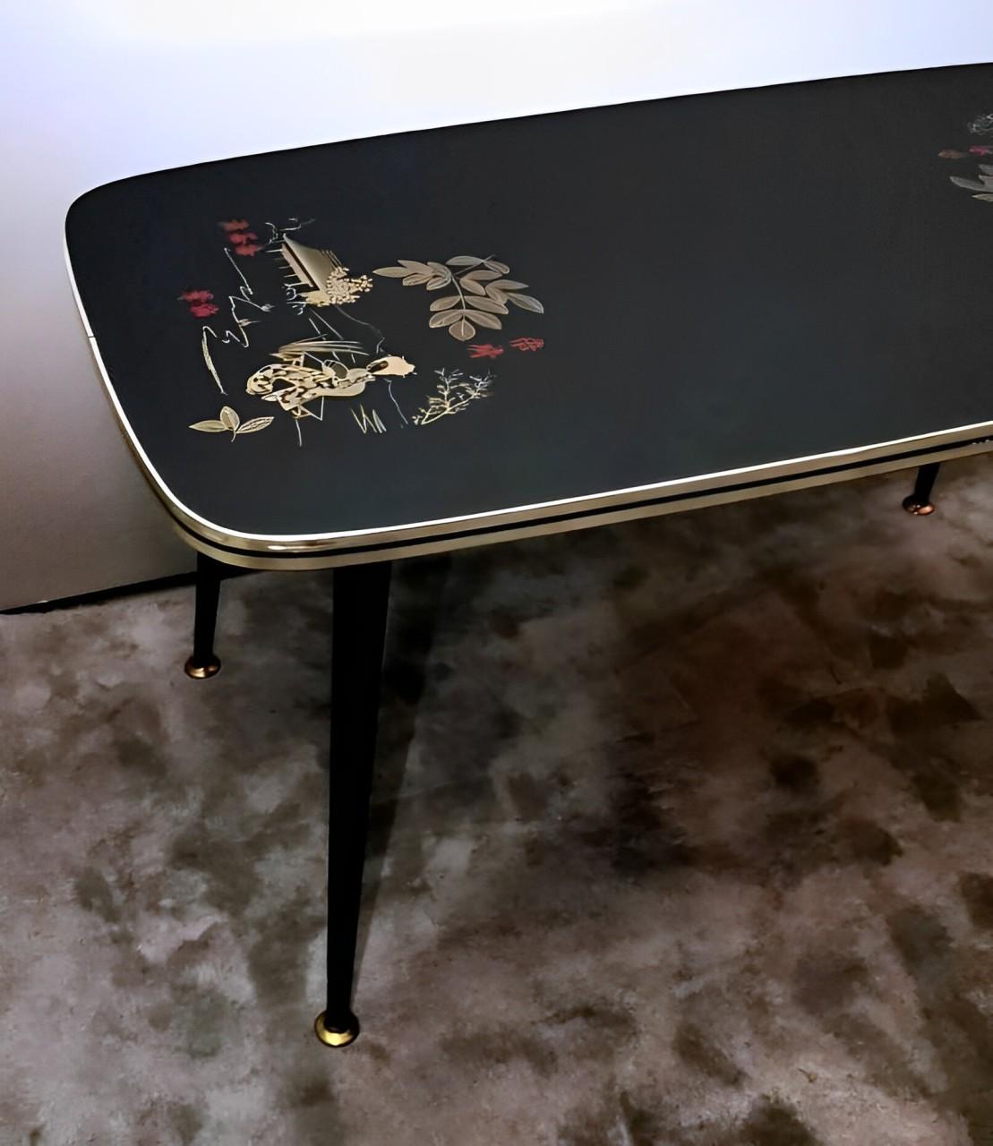 Hand-Crafted Italian Coffee Table Mod. Rene With Black Glass And Oriental Decoration