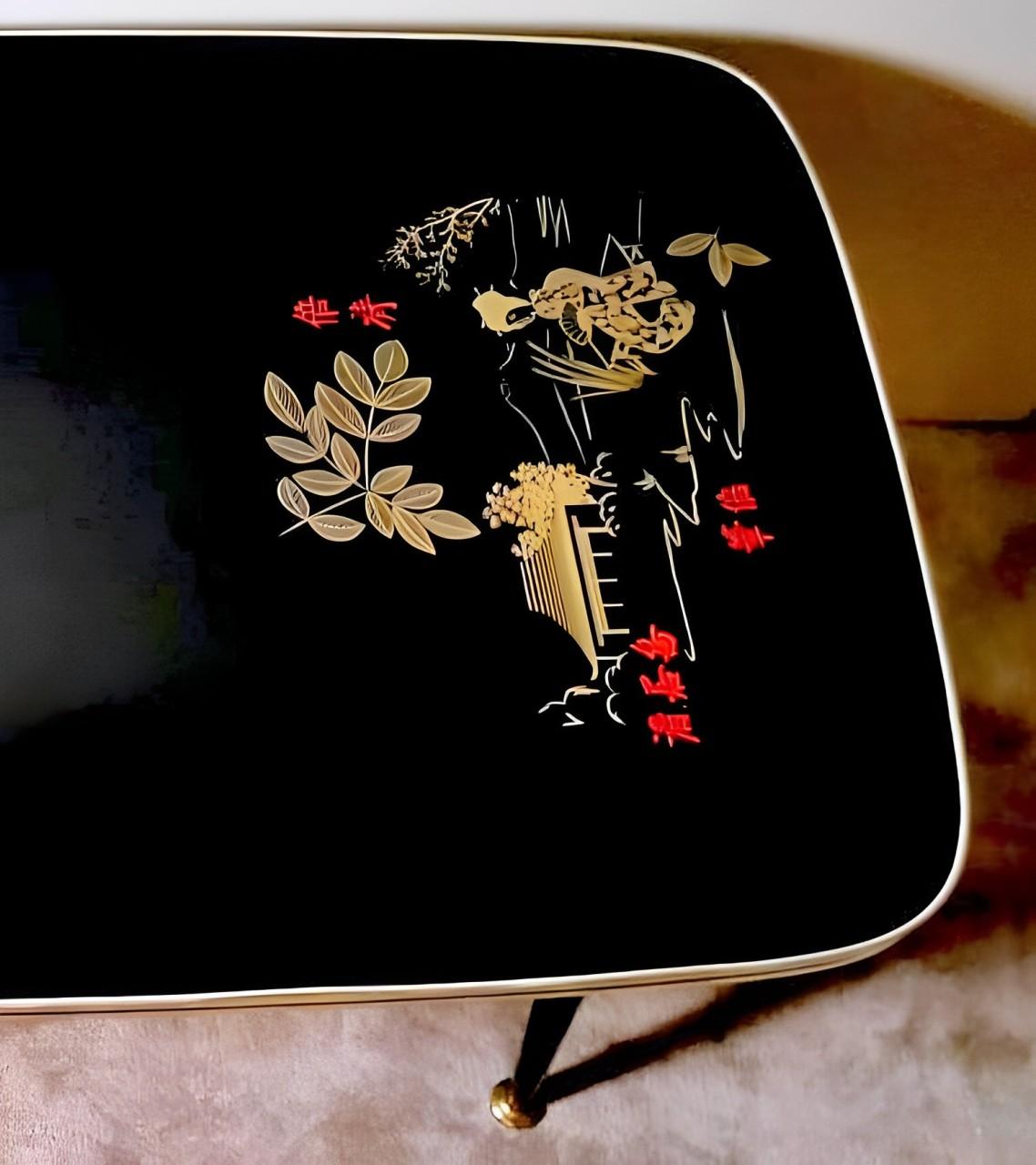 Italian Coffee Table Mod. Rene With Black Glass And Oriental Decoration 1