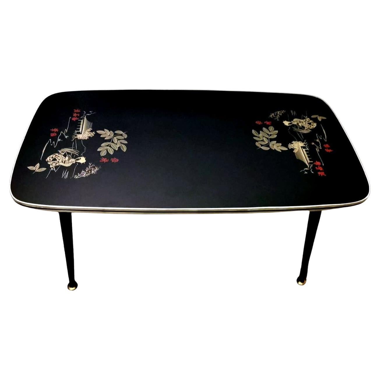 Italian Coffee Table Mod. Rene With Black Glass And Oriental Decoration For Sale