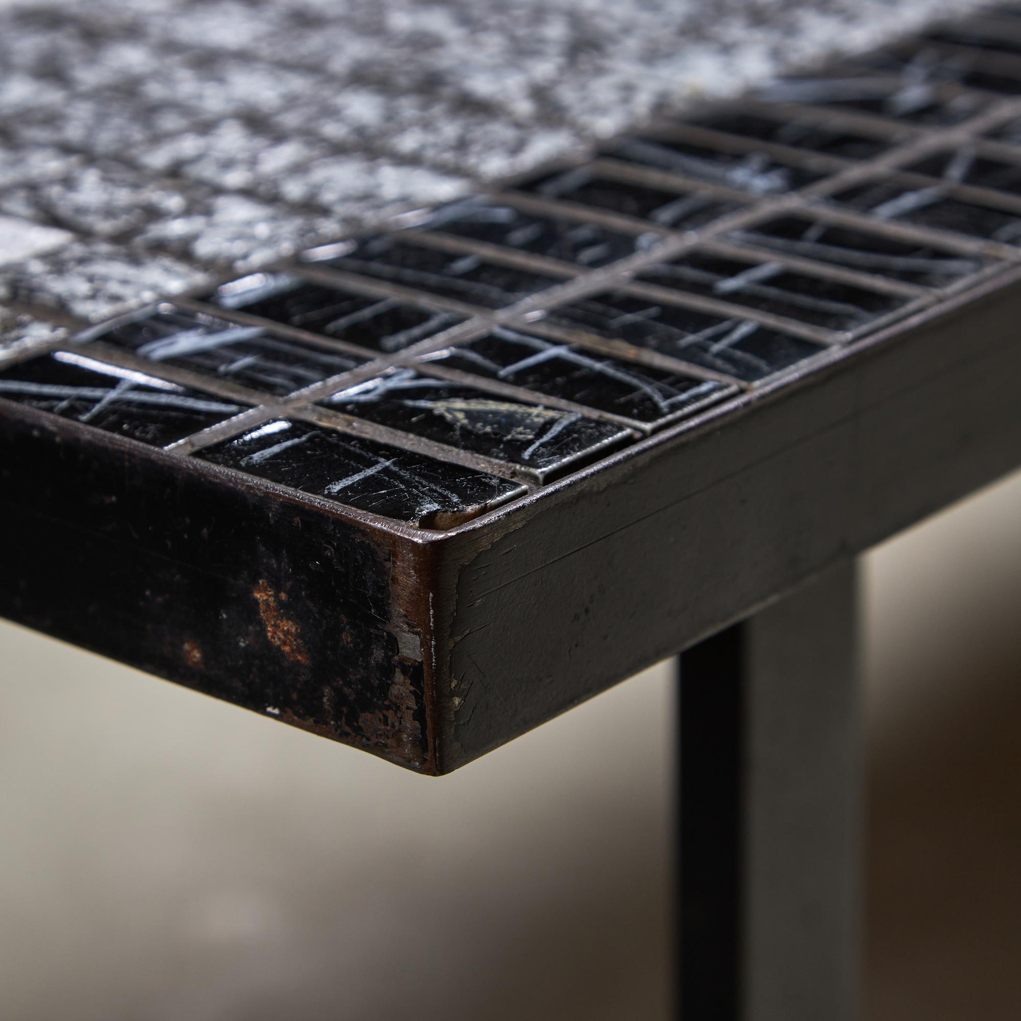 Italian Coffee Table on Flat Metal Frame with Black and White Mosaic Top, 1980s For Sale 1