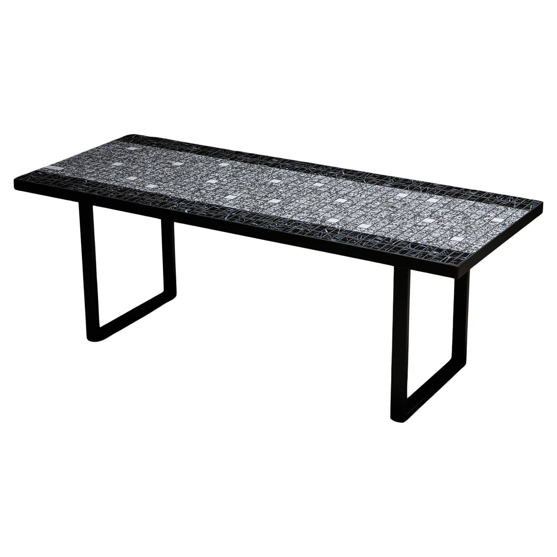 Italian Coffee Table on Flat Metal Frame with Black and White Mosaic Top, 1980s