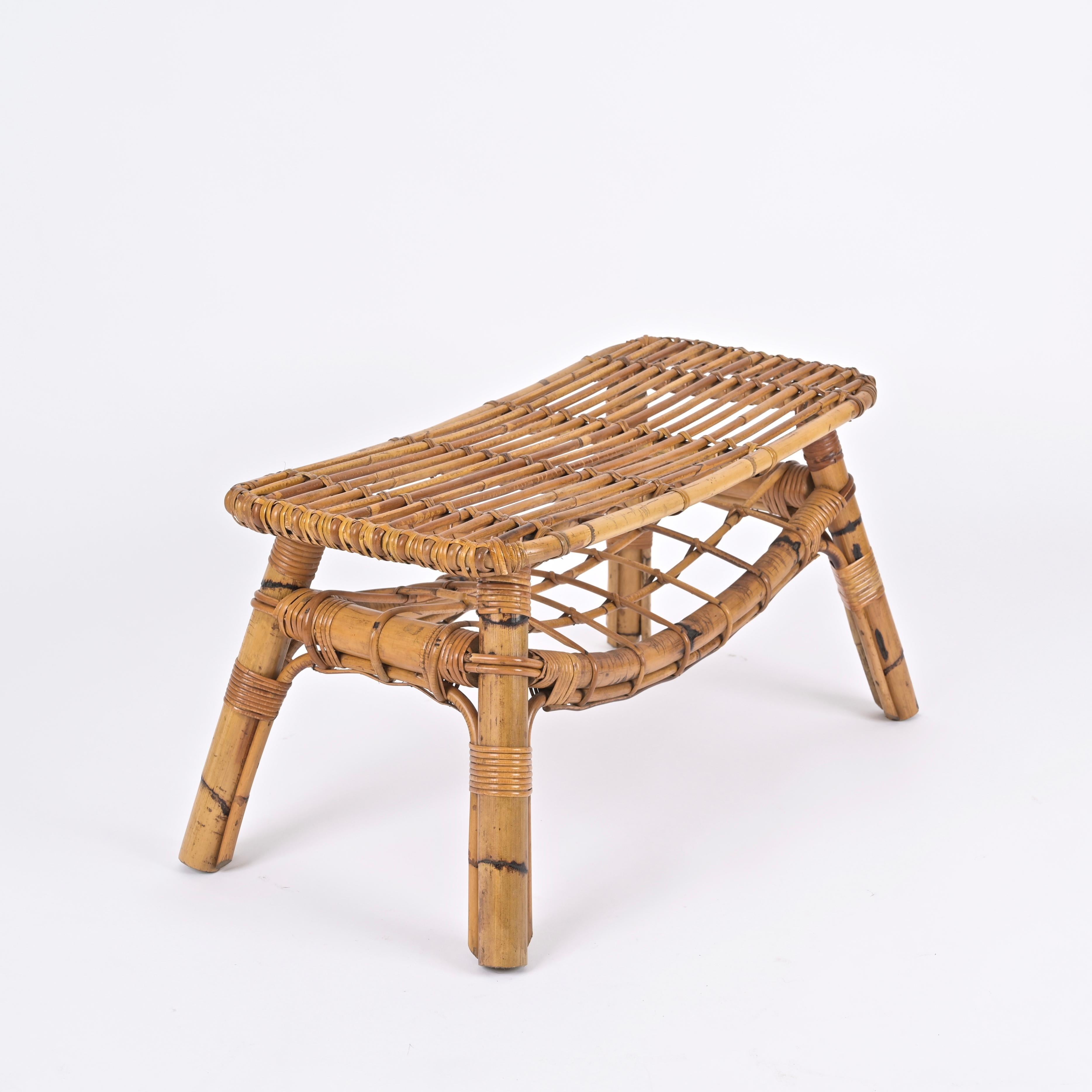 Mid-Century Modern Italian Coffee Table or Bench in Rattan and Wicker by Tito Agnoli, 1960s For Sale