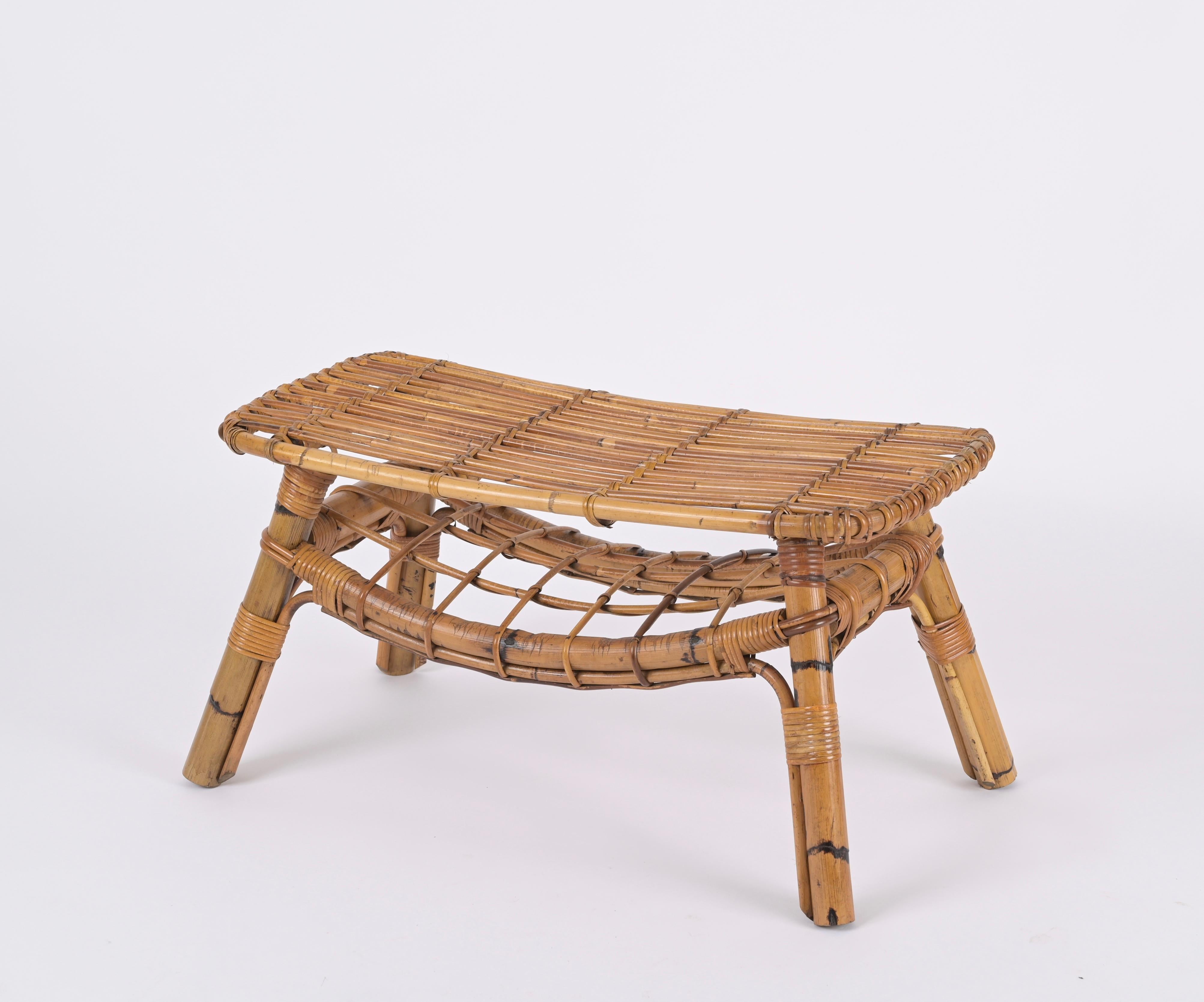 Hand-Woven Italian Coffee Table or Bench in Rattan and Wicker by Tito Agnoli, 1960s For Sale