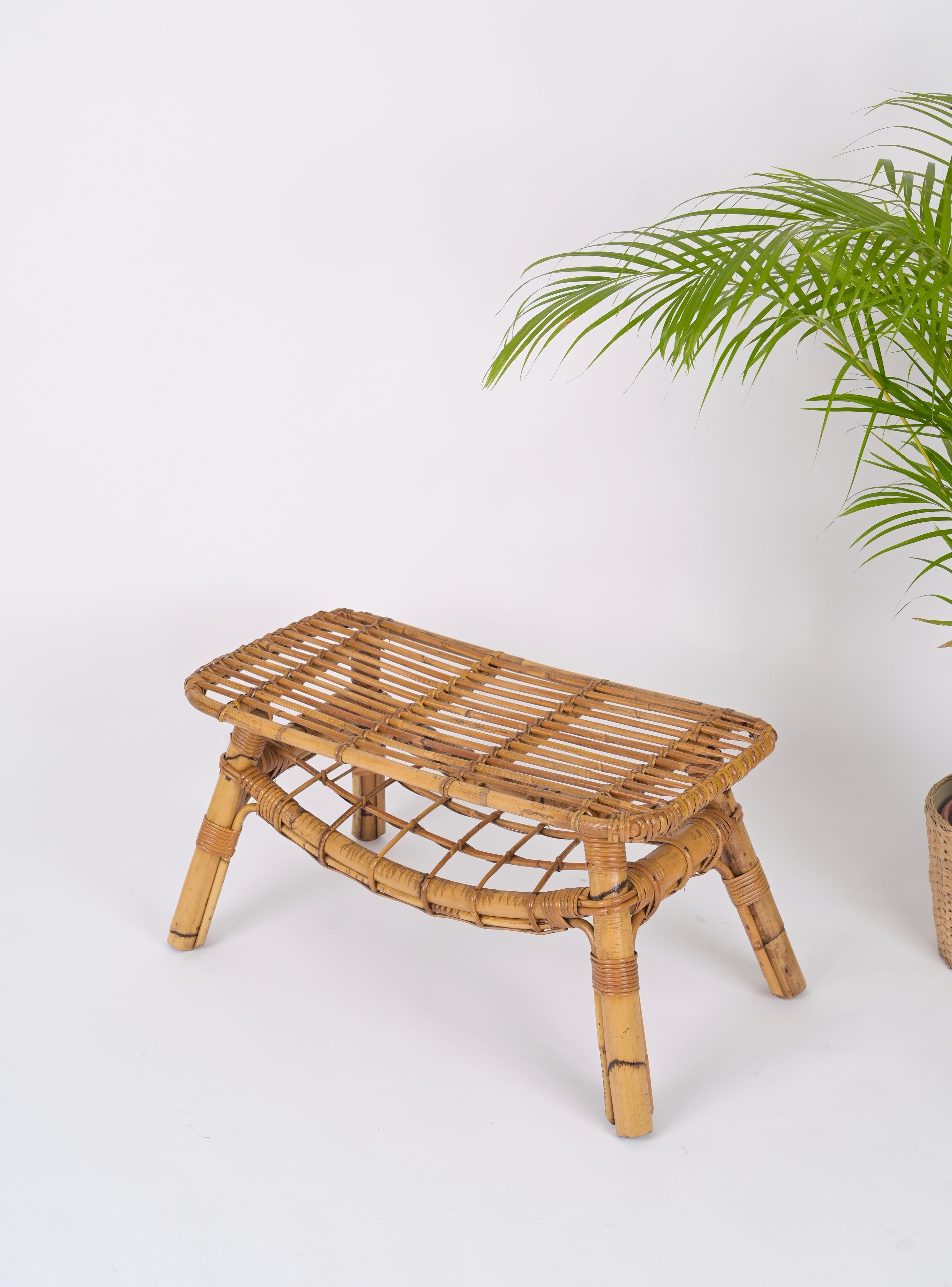 Bamboo Italian Coffee Table or Bench in Rattan and Wicker by Tito Agnoli, 1960s For Sale