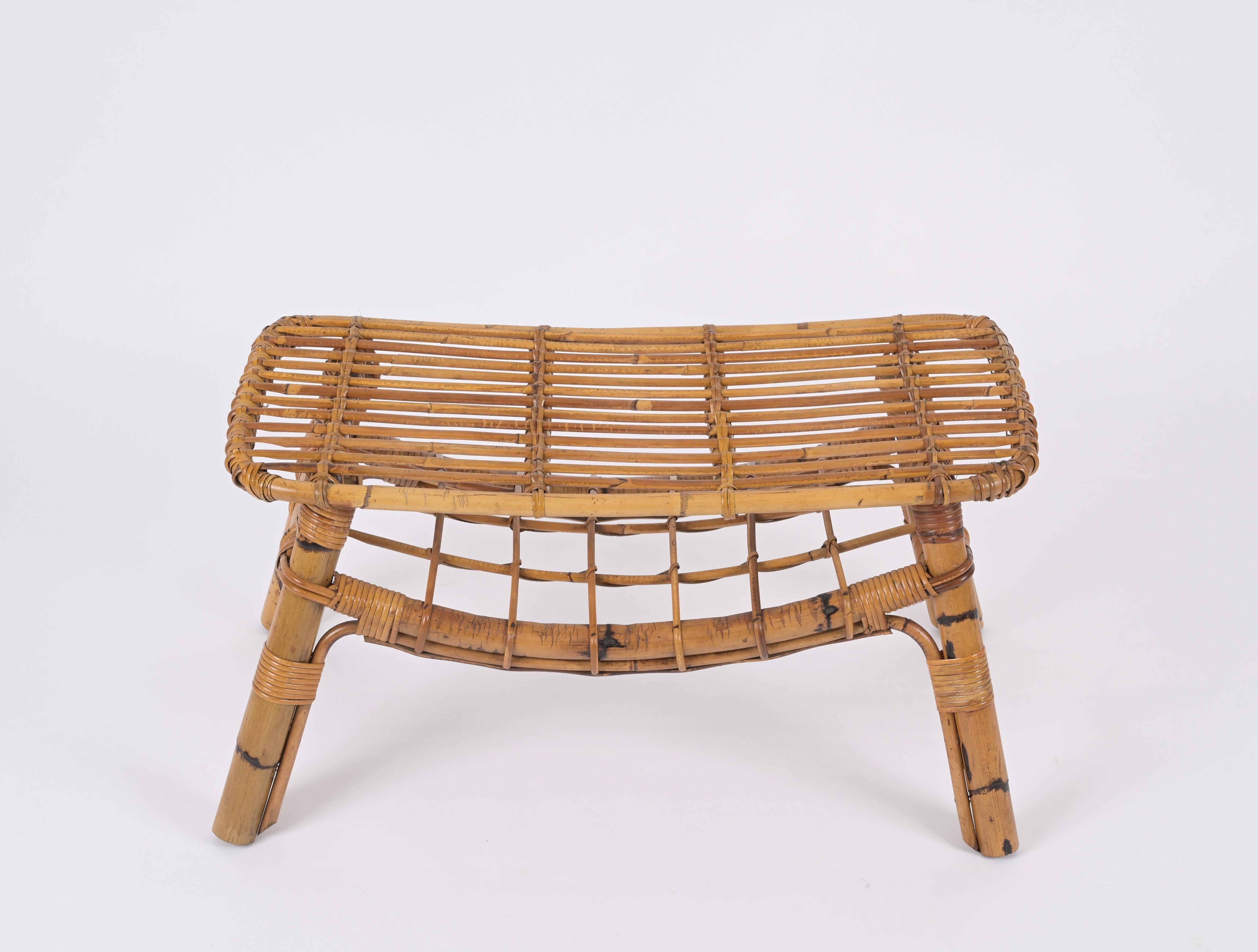 Italian Coffee Table or Bench in Rattan and Wicker by Tito Agnoli, 1960s For Sale 1