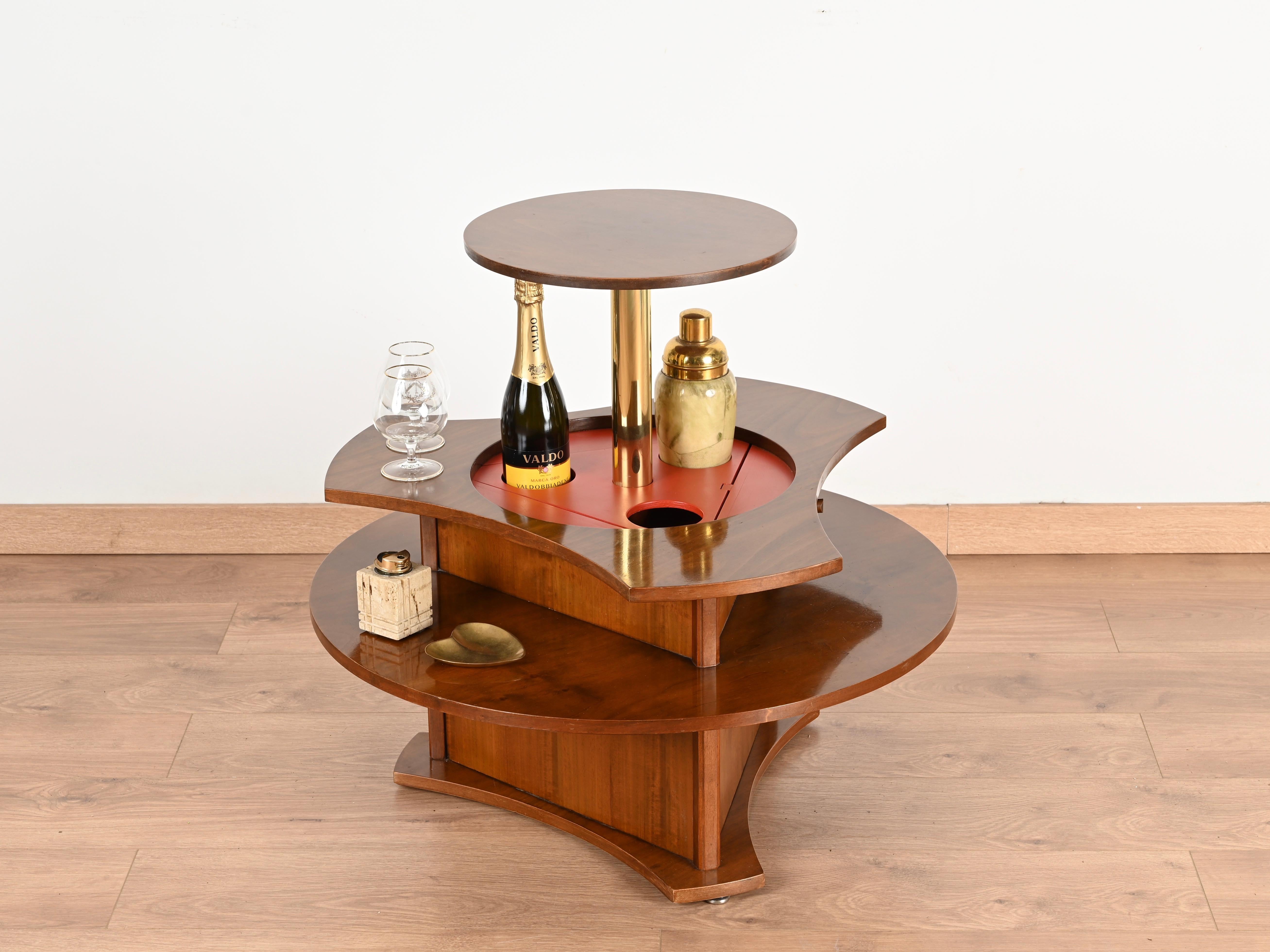 Italian Coffee Table or Dry Bar in Walnut, Brass and Enameled Metal, 1970s 4