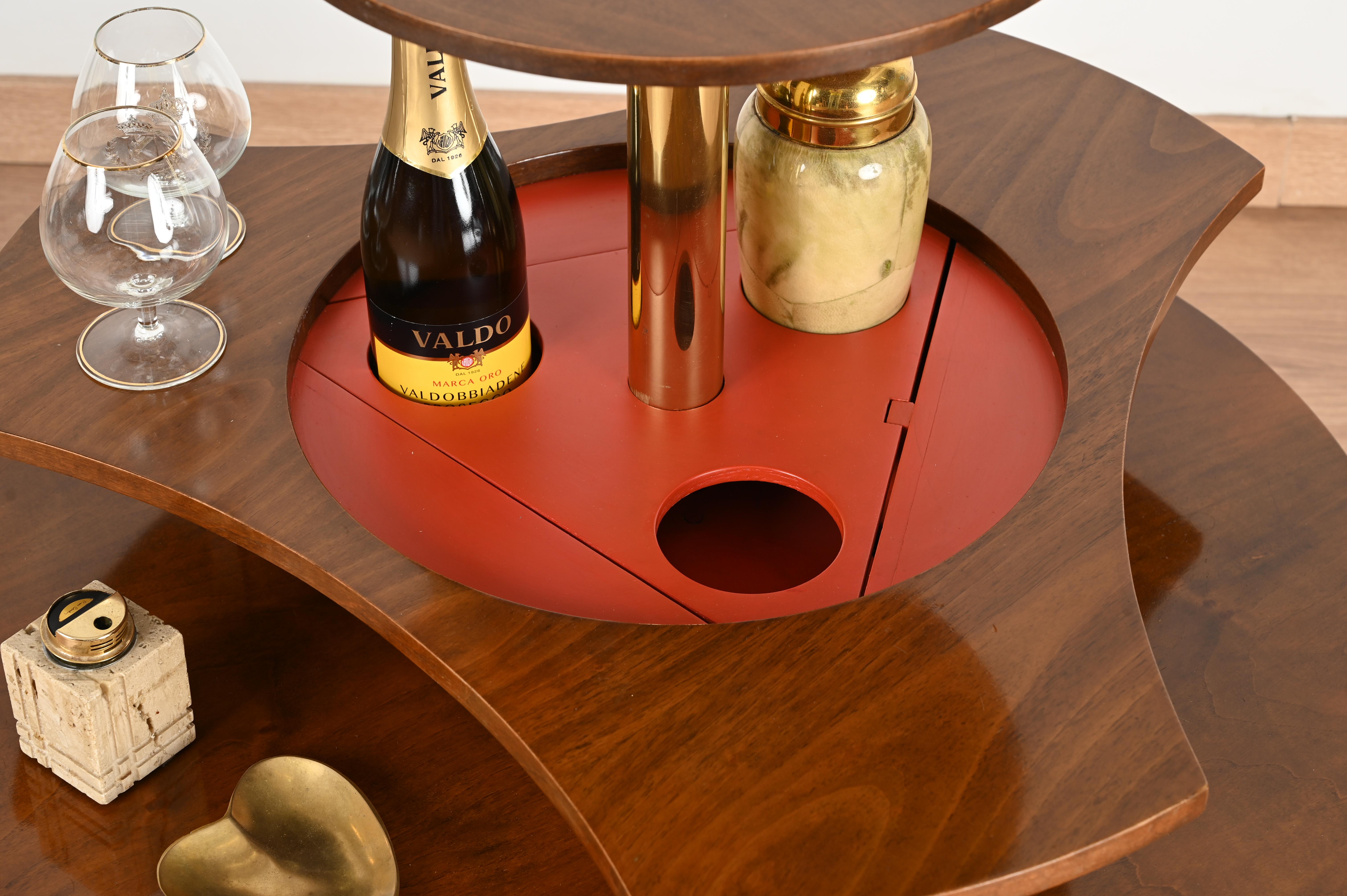 Italian Coffee Table or Dry Bar in Walnut, Brass and Enameled Metal, 1970s 6