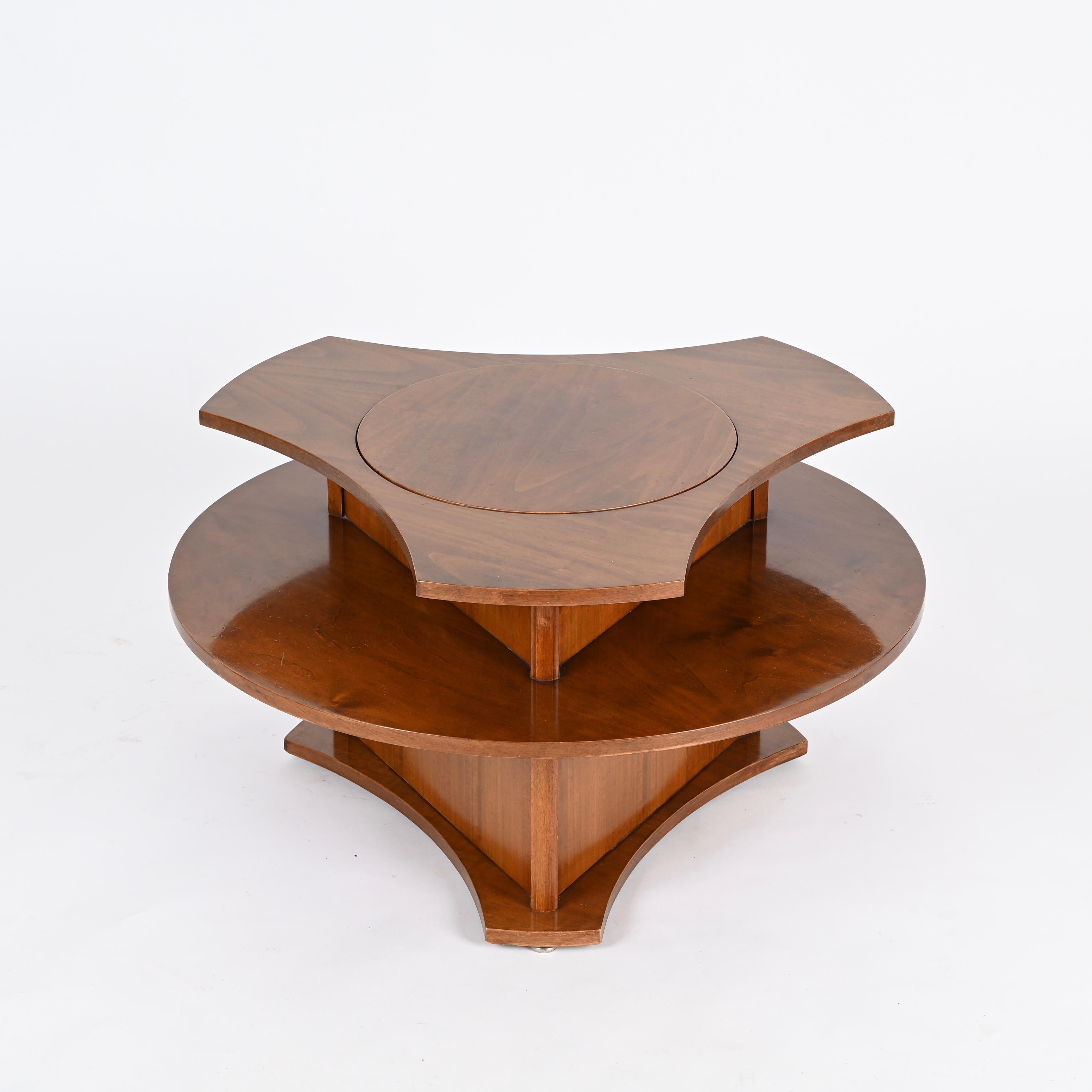 Mid-Century Modern Italian Coffee Table or Dry Bar in Walnut, Brass and Enameled Metal, 1970s