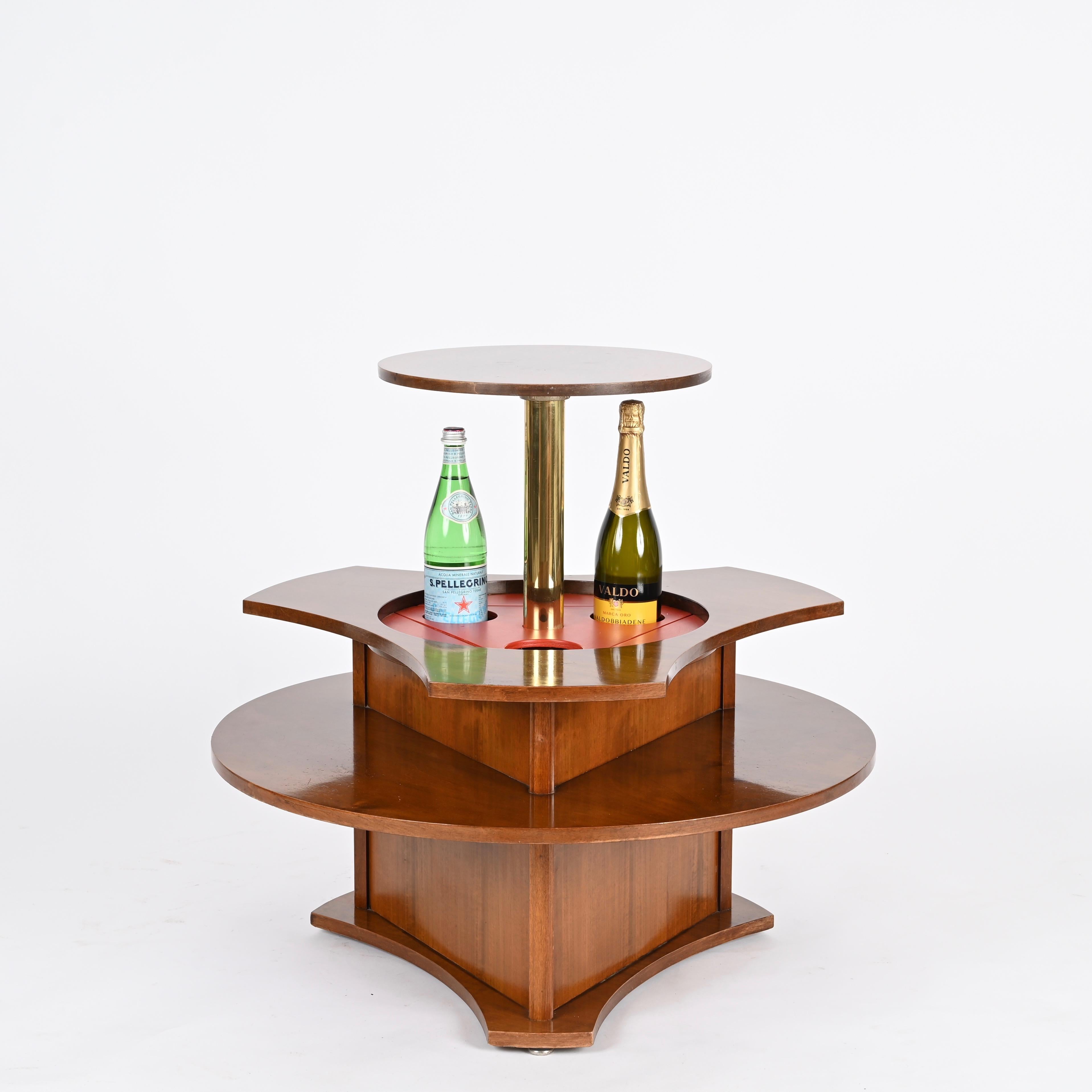 Polished Italian Coffee Table or Dry Bar in Walnut, Brass and Enameled Metal, 1970s