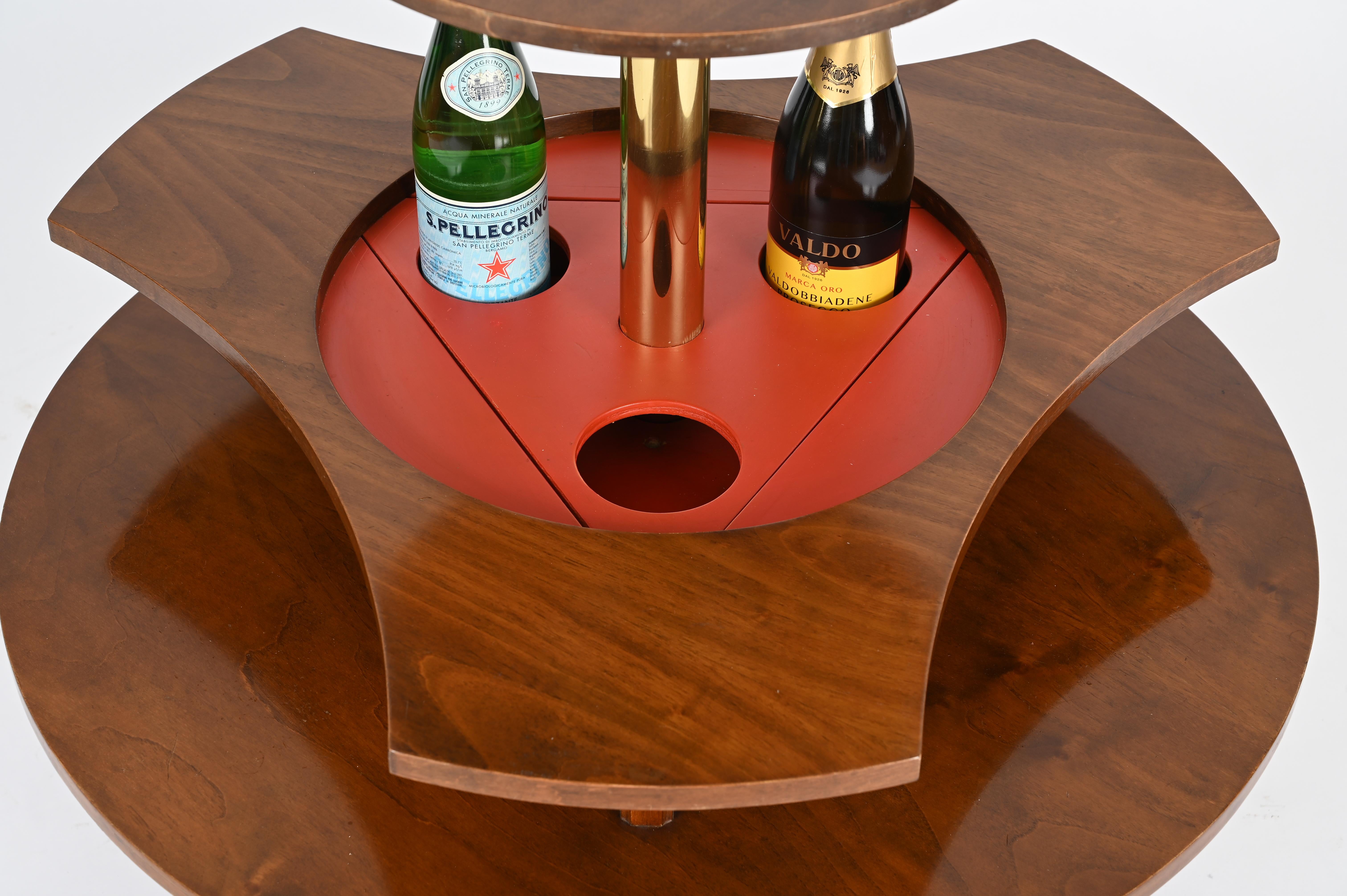 20th Century Italian Coffee Table or Dry Bar in Walnut, Brass and Enameled Metal, 1970s