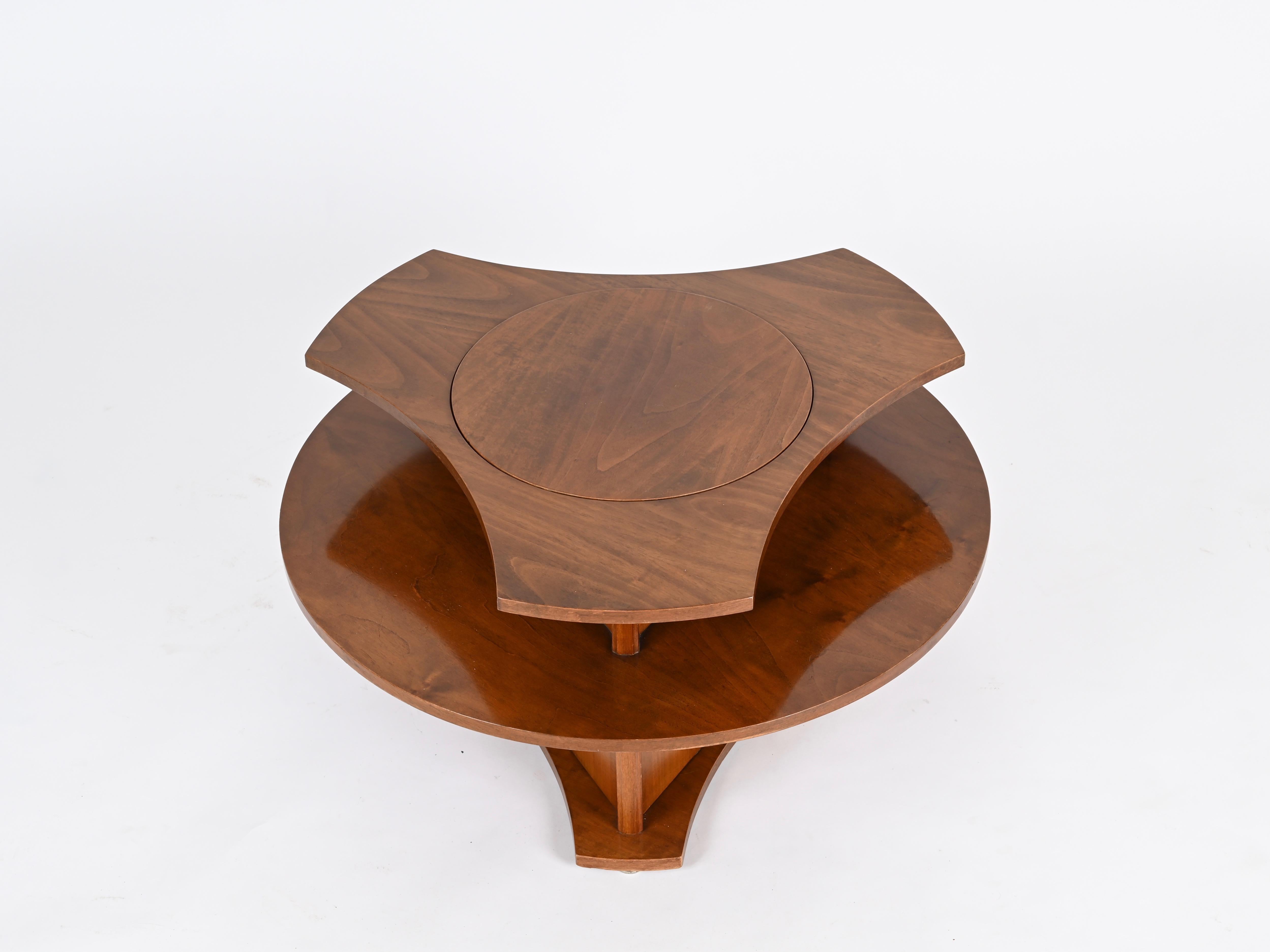 Italian Coffee Table or Dry Bar in Walnut, Brass and Enameled Metal, 1970s 1