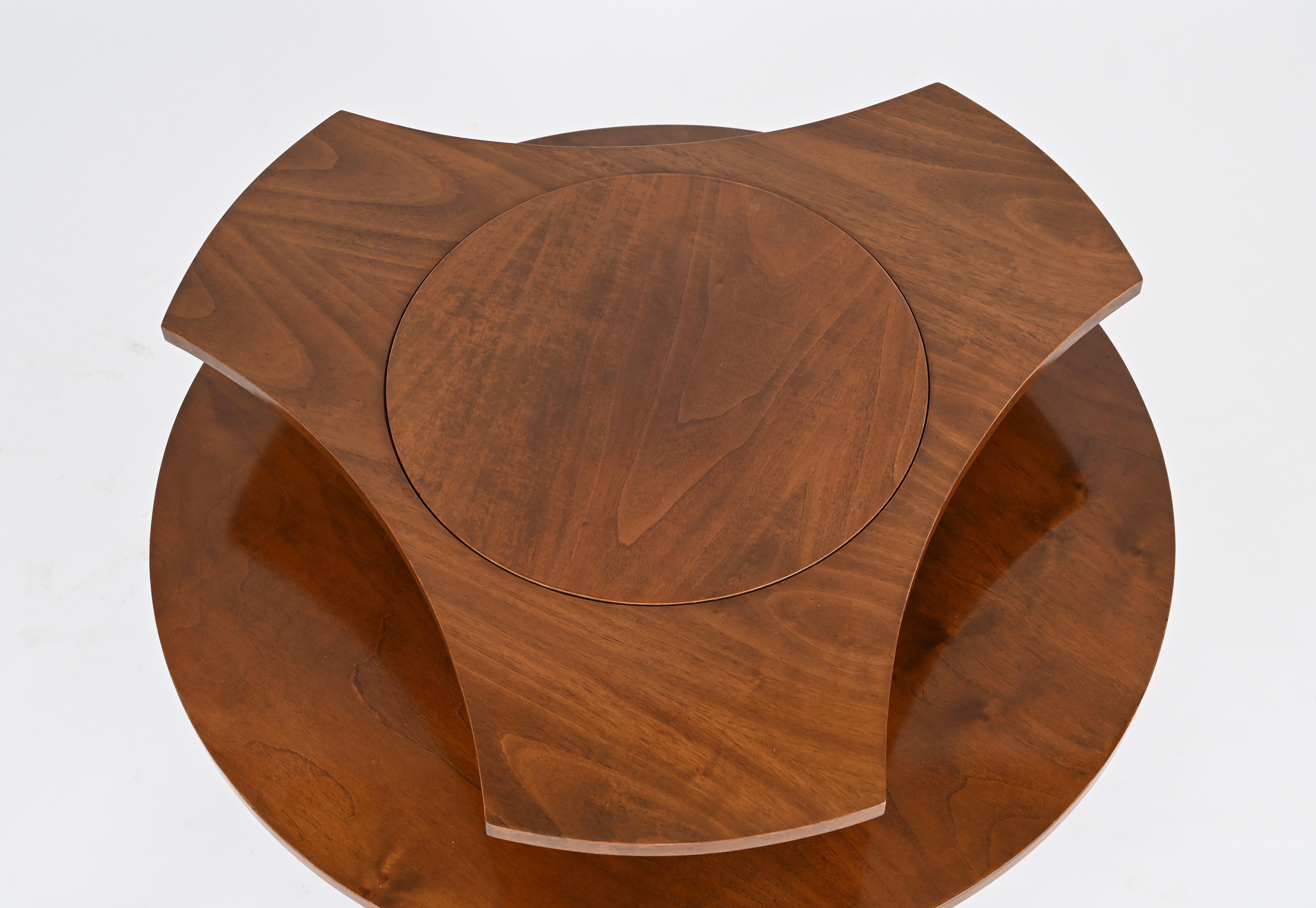 Italian Coffee Table or Dry Bar in Walnut, Brass and Enameled Metal, 1970s 2