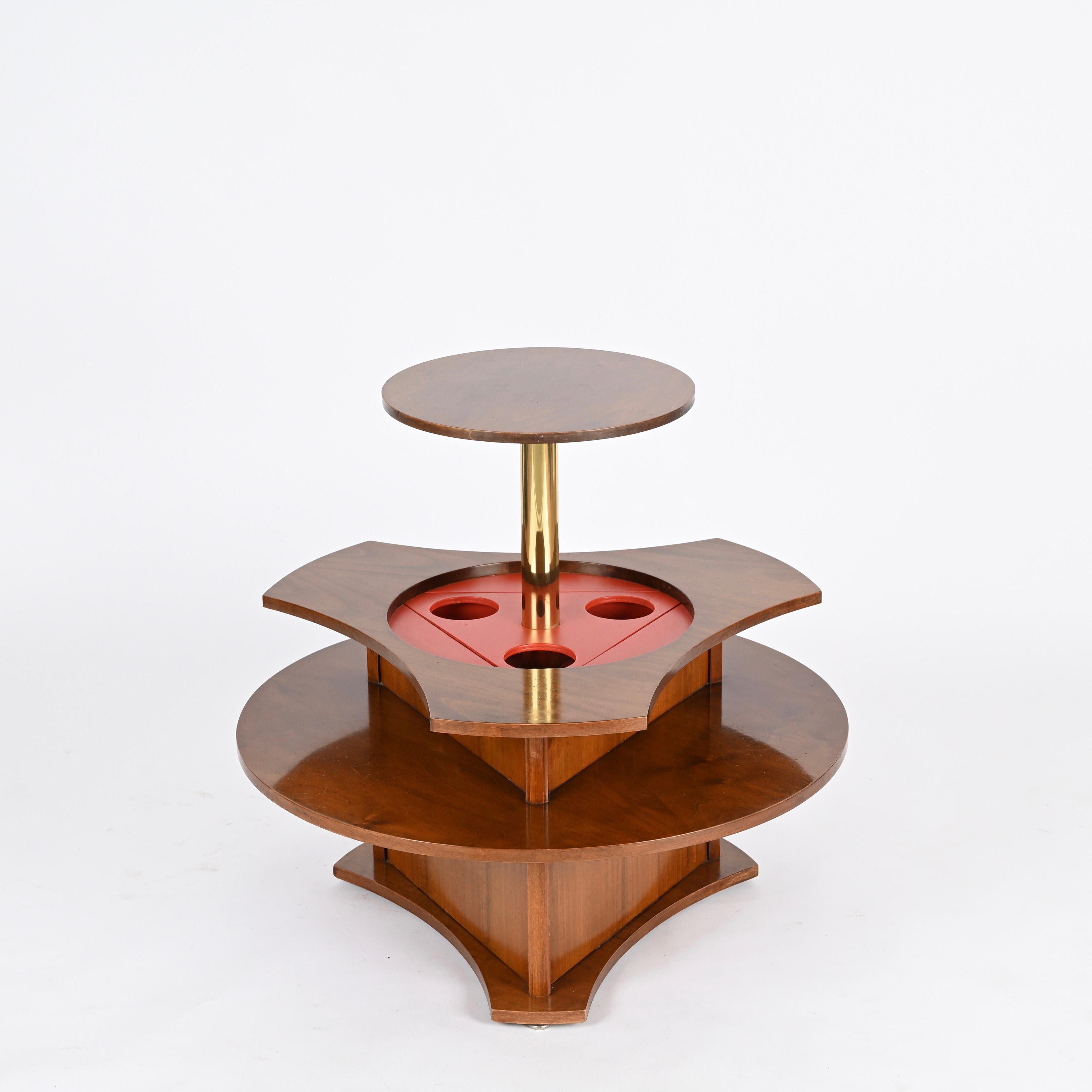 Italian Coffee Table or Dry Bar in Walnut, Brass and Enameled Metal, 1970s 3