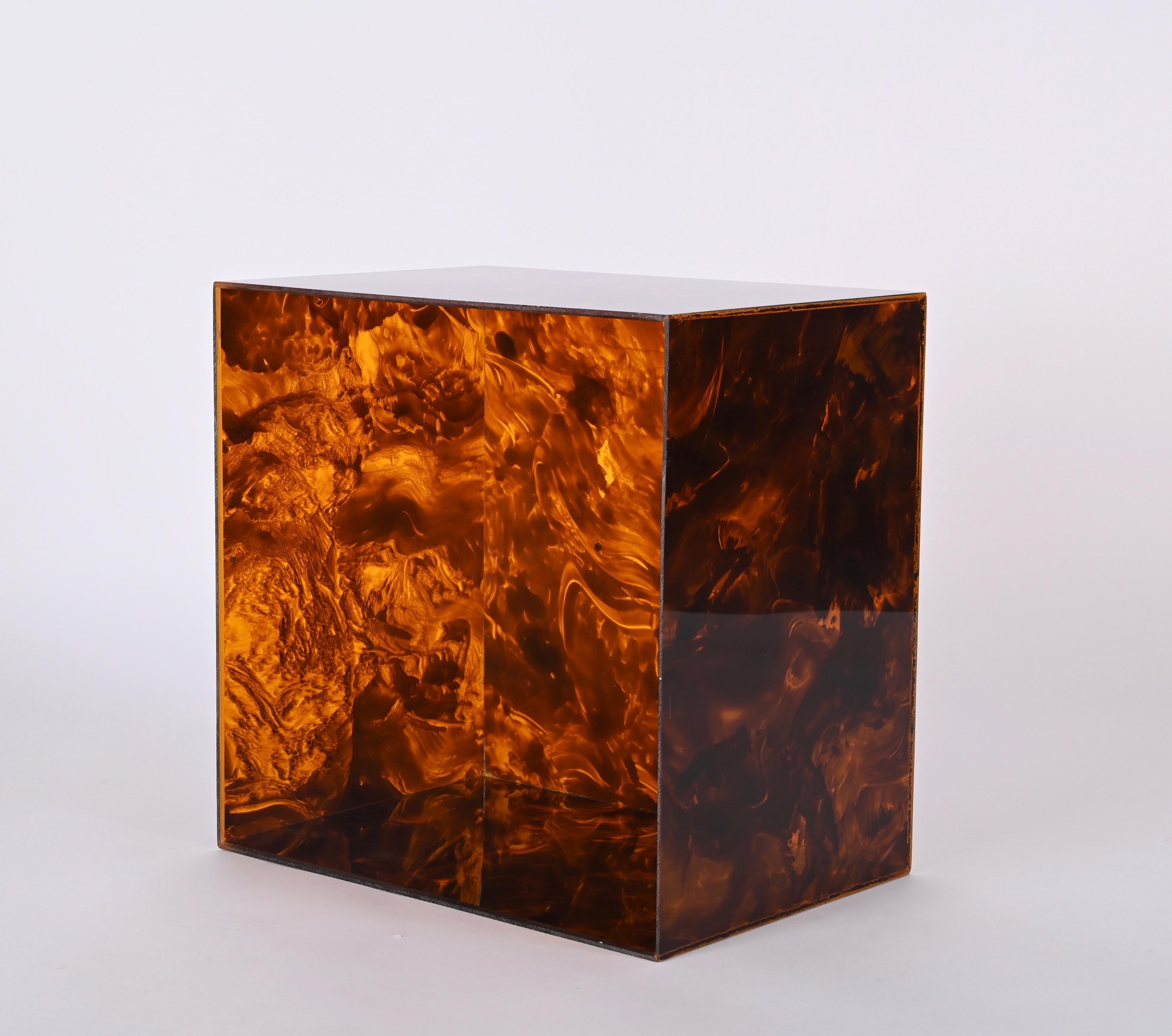 Italian Coffee Table or Stool in Tortoiseshell Lucite, Willy Rizzo, 1970s 8