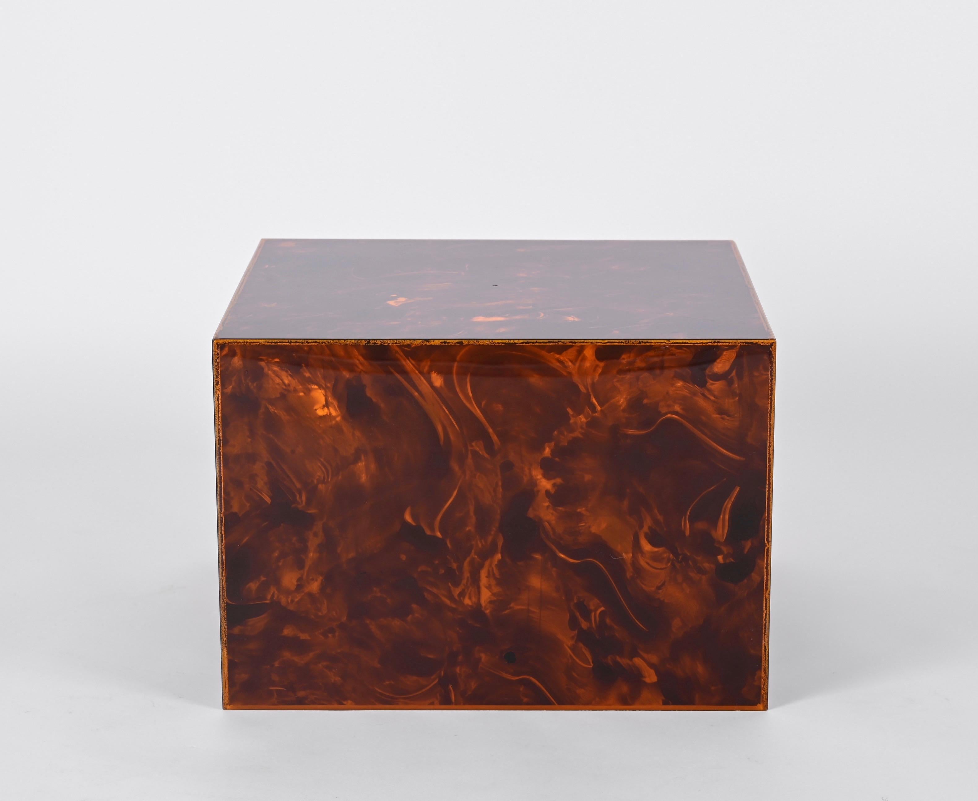 Acrylic Italian Coffee Table or Stool in Tortoiseshell Lucite, Willy Rizzo, 1970s