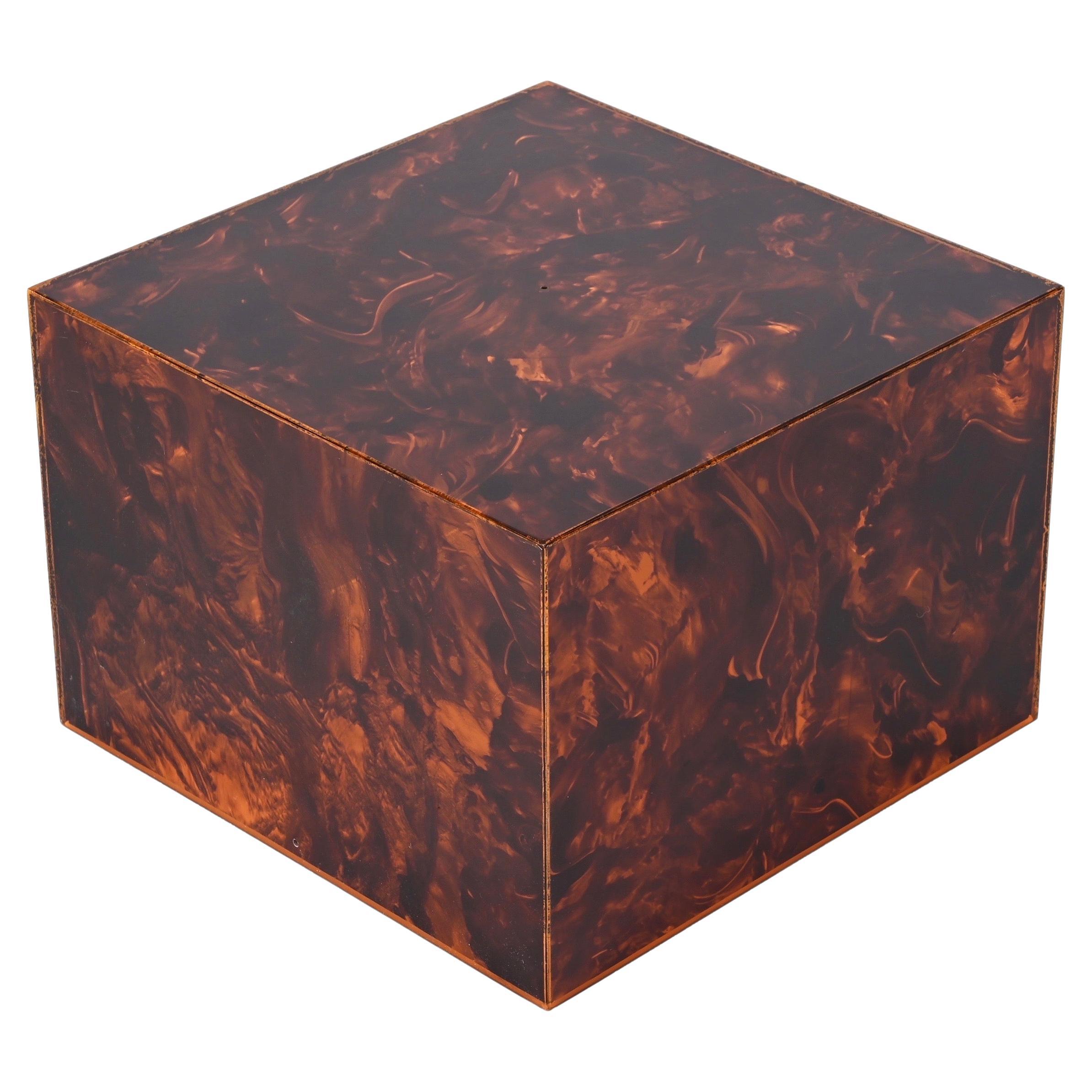 Italian Coffee Table or Stool in Tortoiseshell Lucite, Willy Rizzo, 1970s