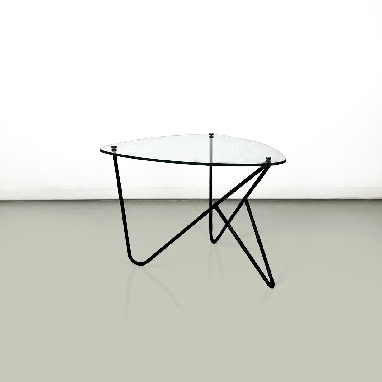 Glass Italian coffee table triangular top glass and black metal structure, 1950s For Sale