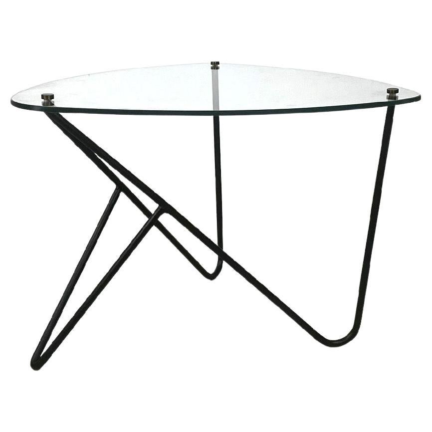Italian coffee table triangular top glass and black metal structure, 1950s For Sale