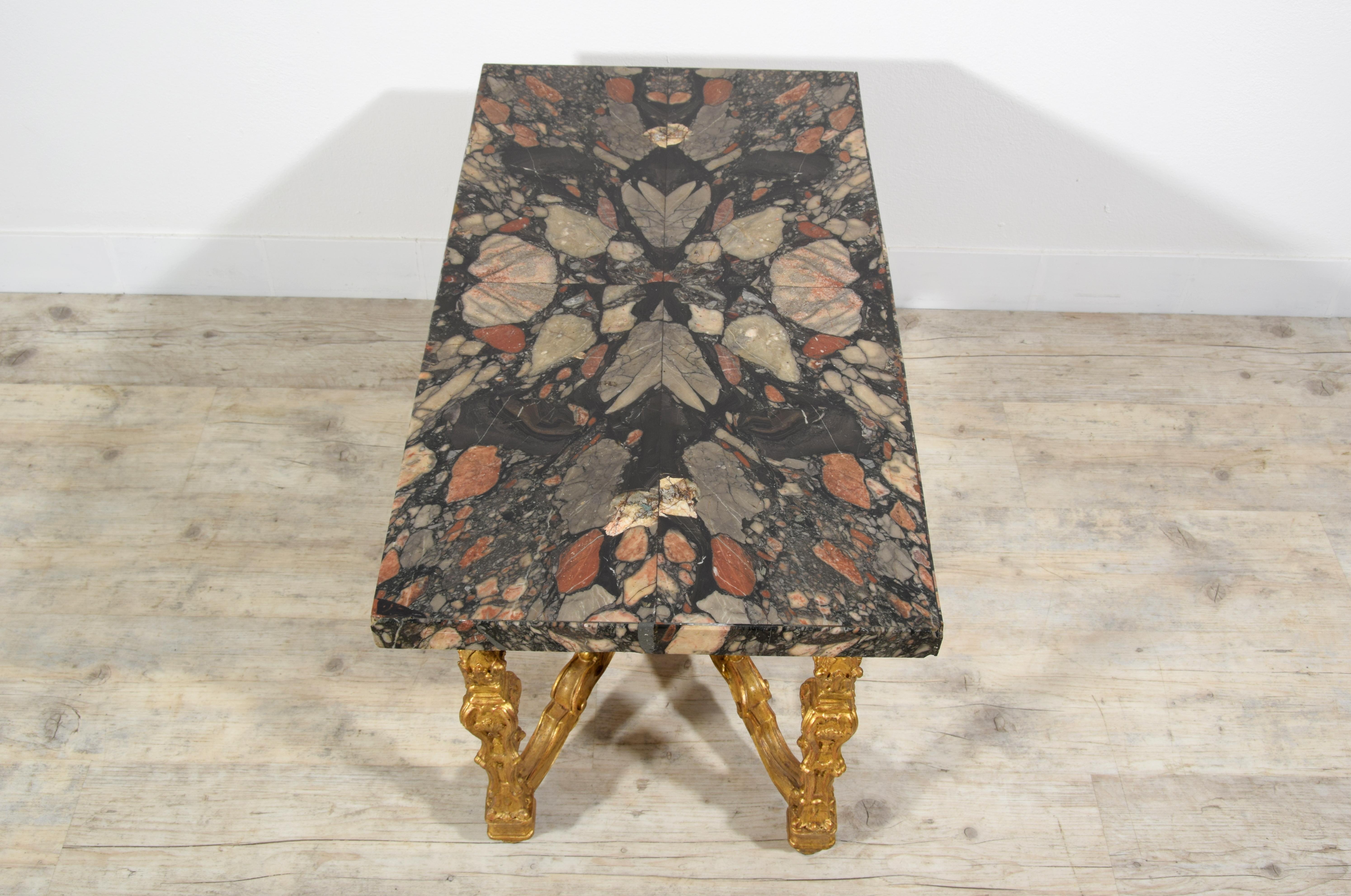 Italian Coffee Table with 18th Century Marble Top and Carved Giltwood Base For Sale 8