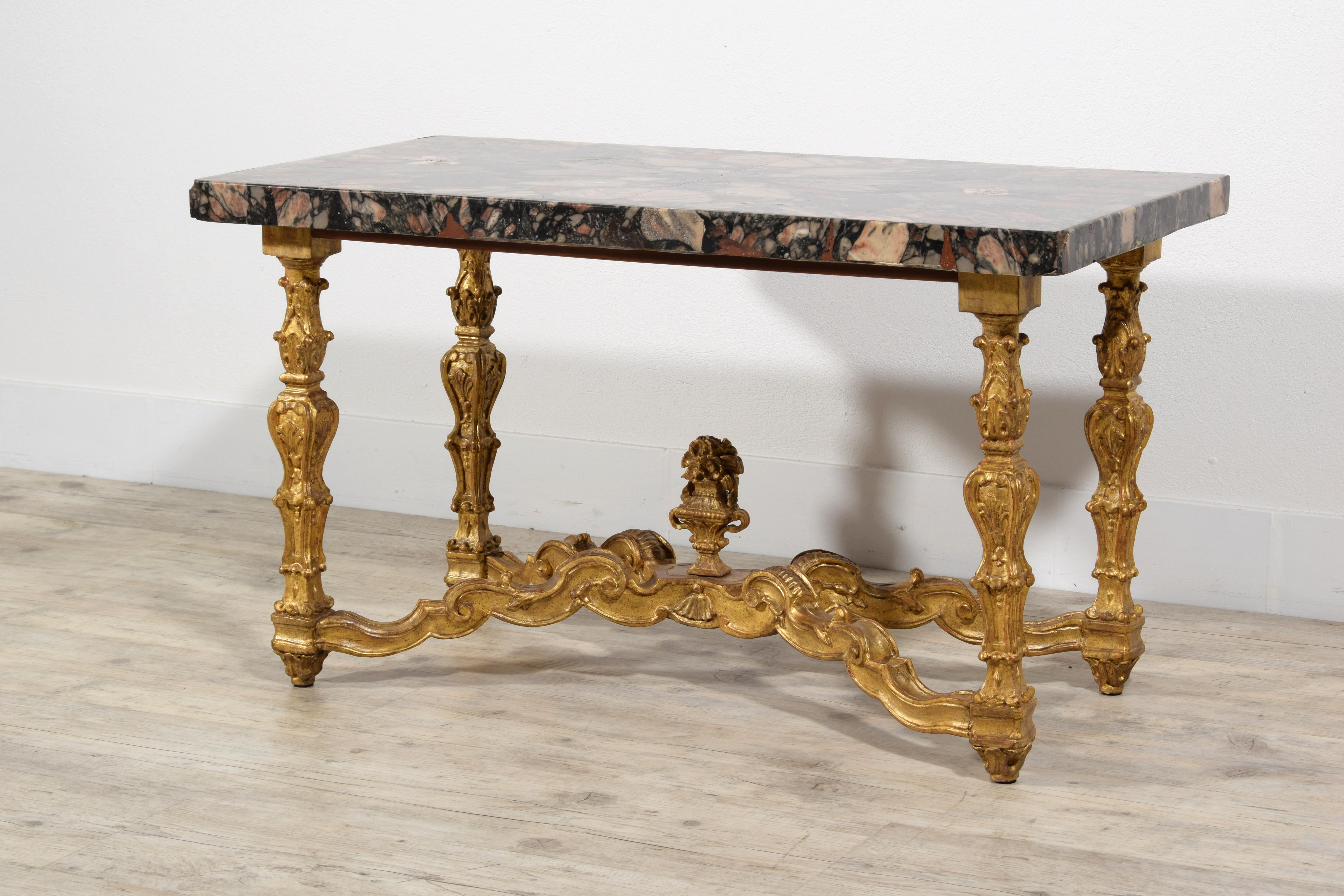 Italian Coffee Table with 18th Century Marble Top and Carved Giltwood Base For Sale 11