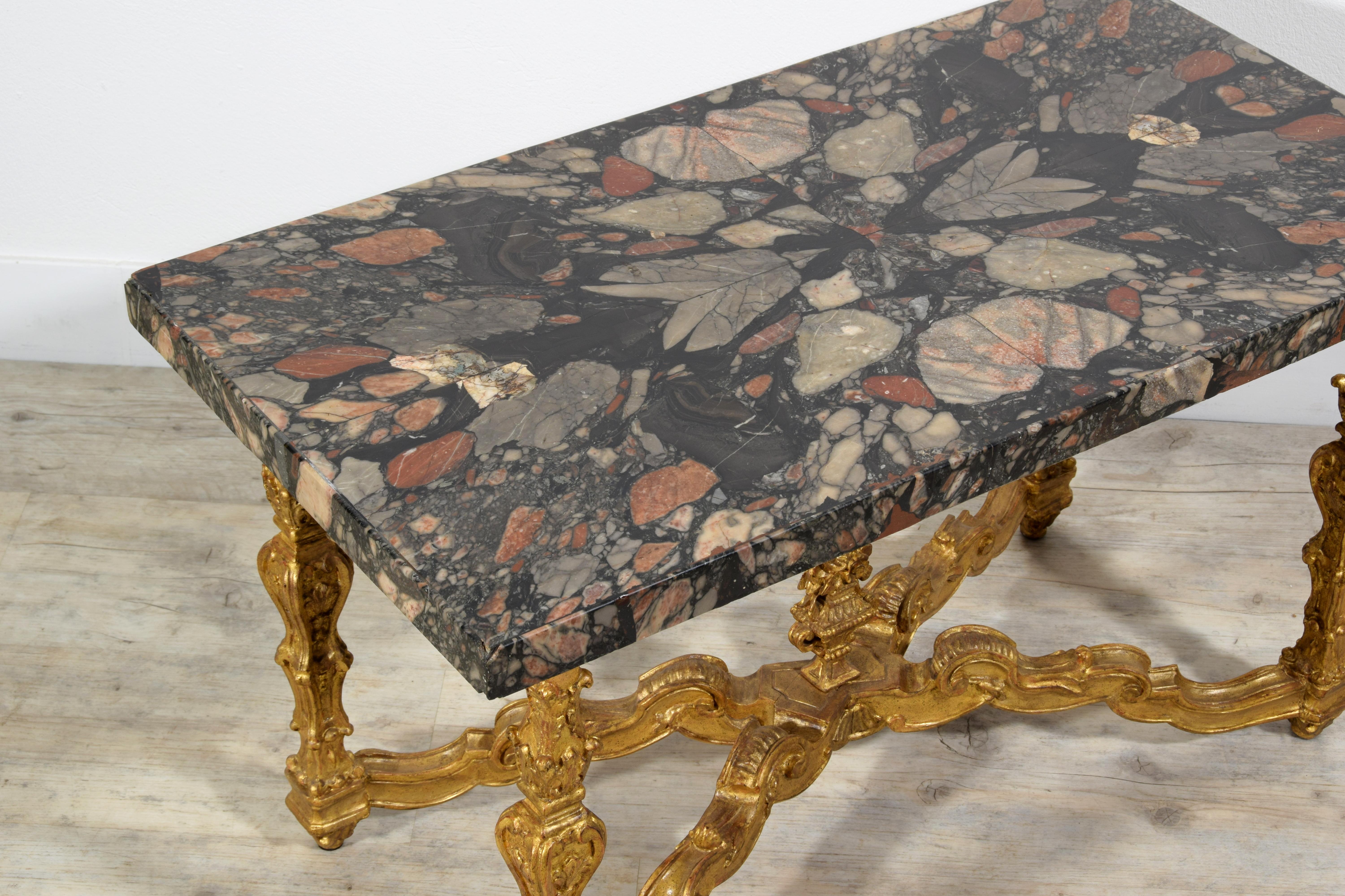 Italian Coffee Table with 18th Century Marble Top and Carved Giltwood Base For Sale 13