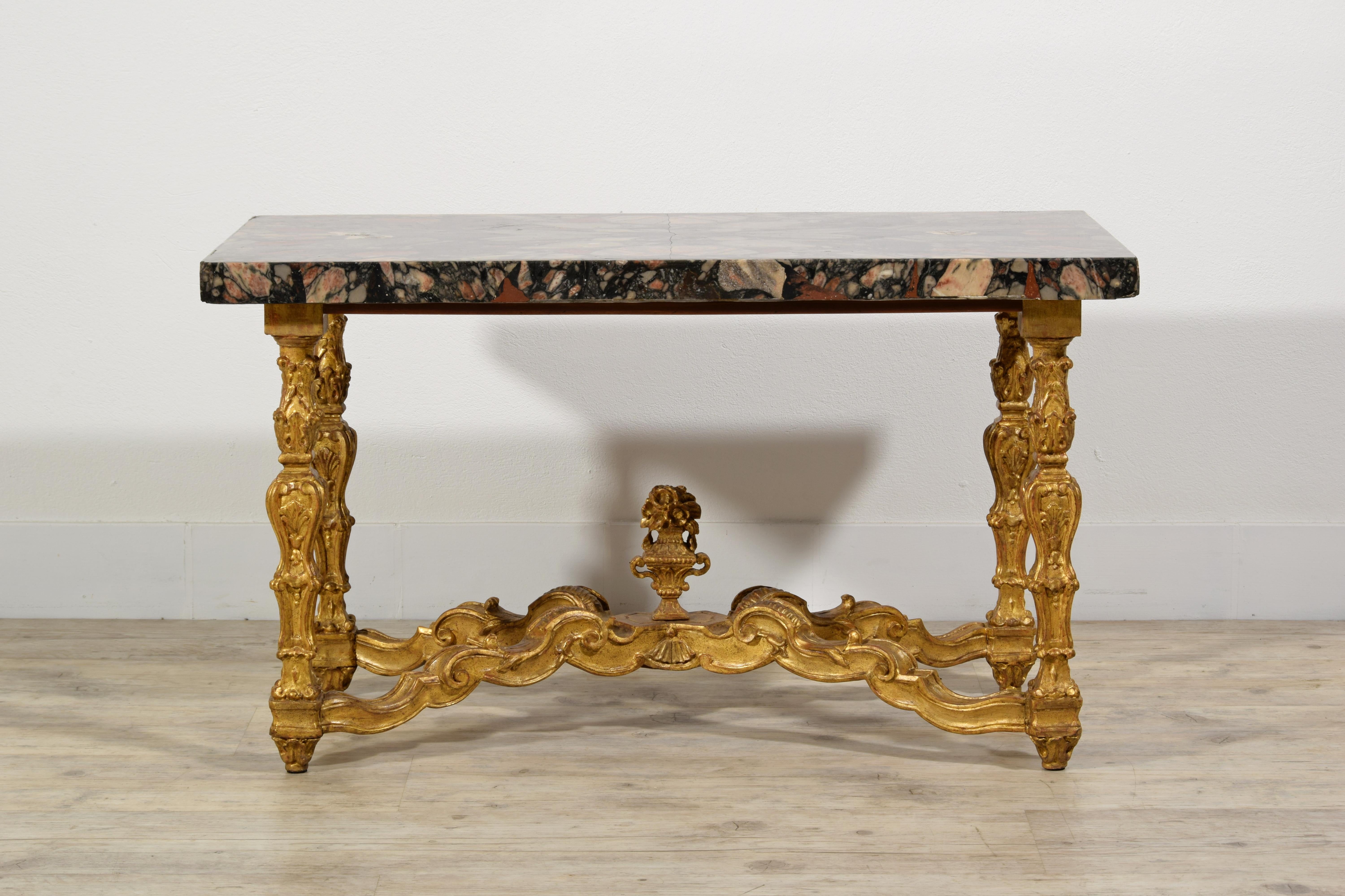 Louis XIV Italian Coffee Table with 18th Century Marble Top and Carved Giltwood Base For Sale