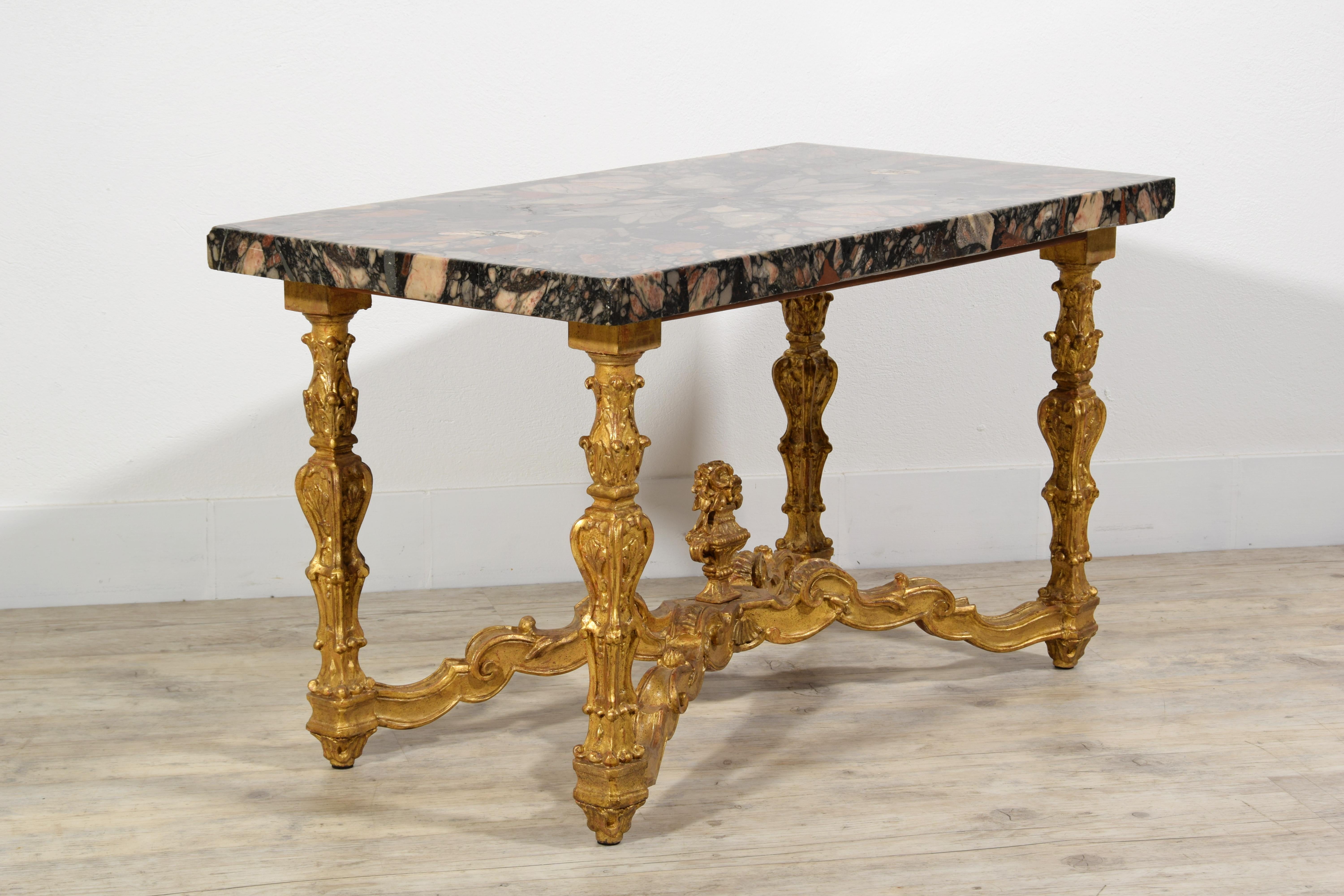 Hand-Carved Italian Coffee Table with 18th Century Marble Top and Carved Giltwood Base For Sale