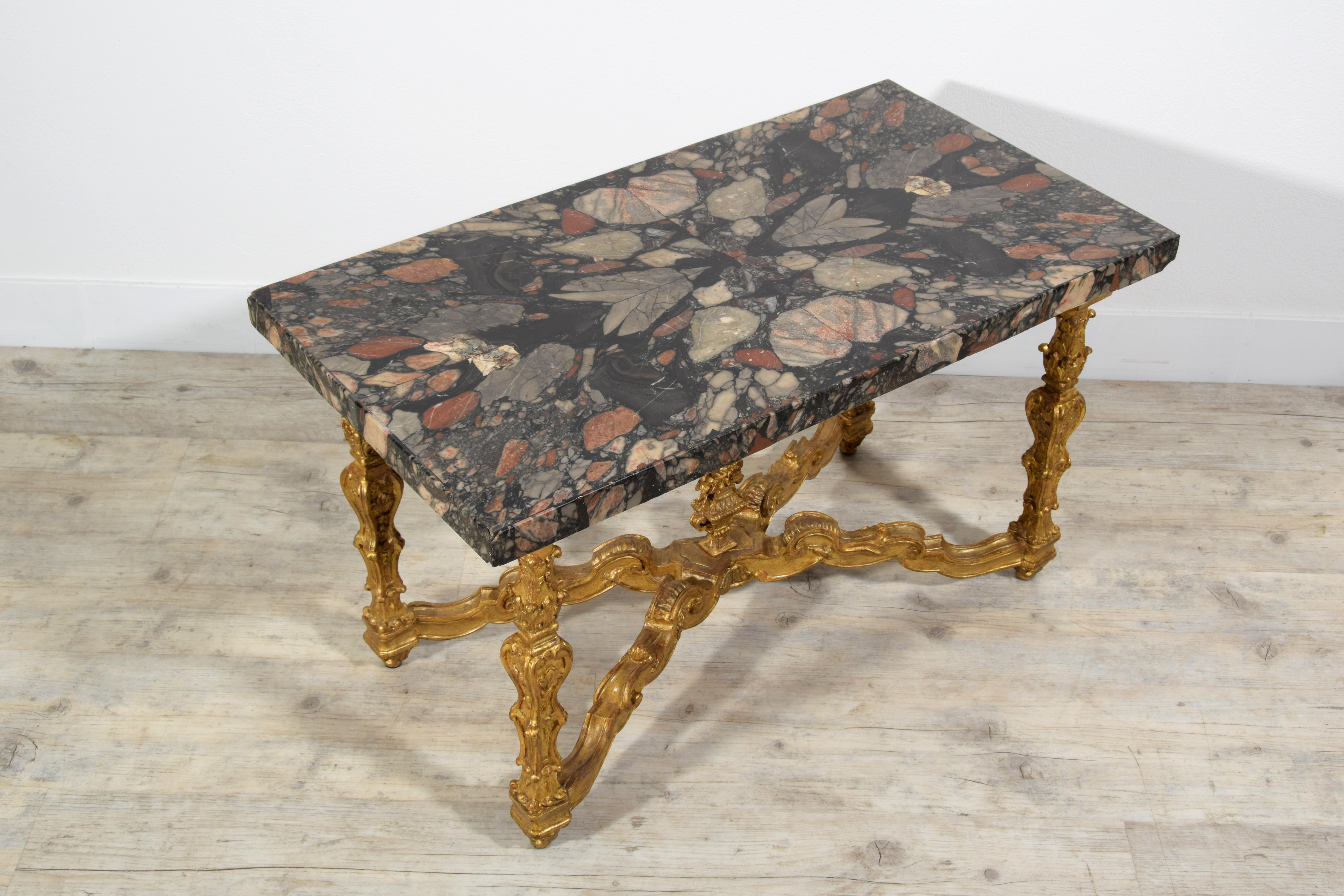 Italian Coffee Table with 18th Century Marble Top and Carved Giltwood Base For Sale 3