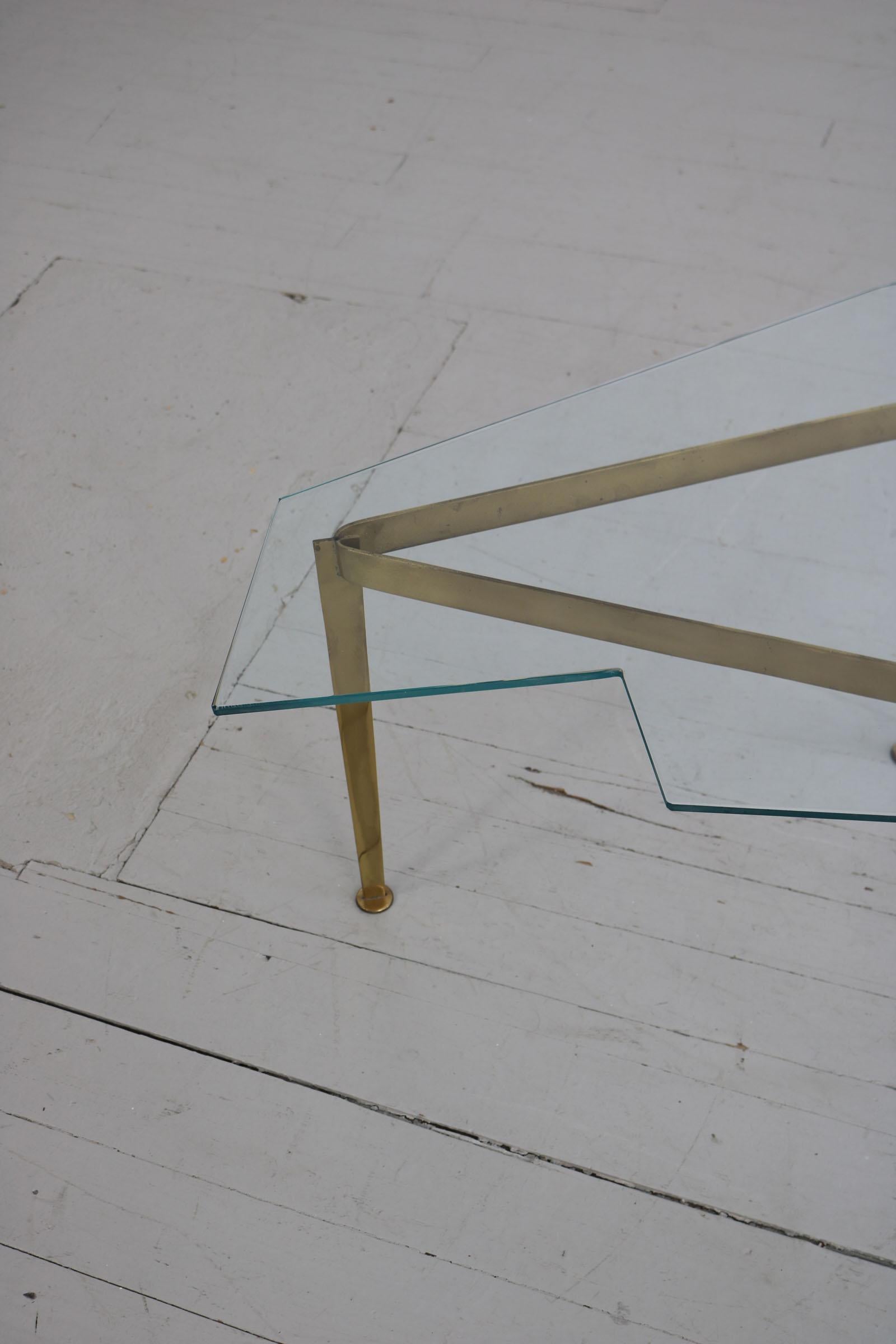 Italian Coffee Table with Brass Frame and Cut Crystal Glass Top For Sale 7