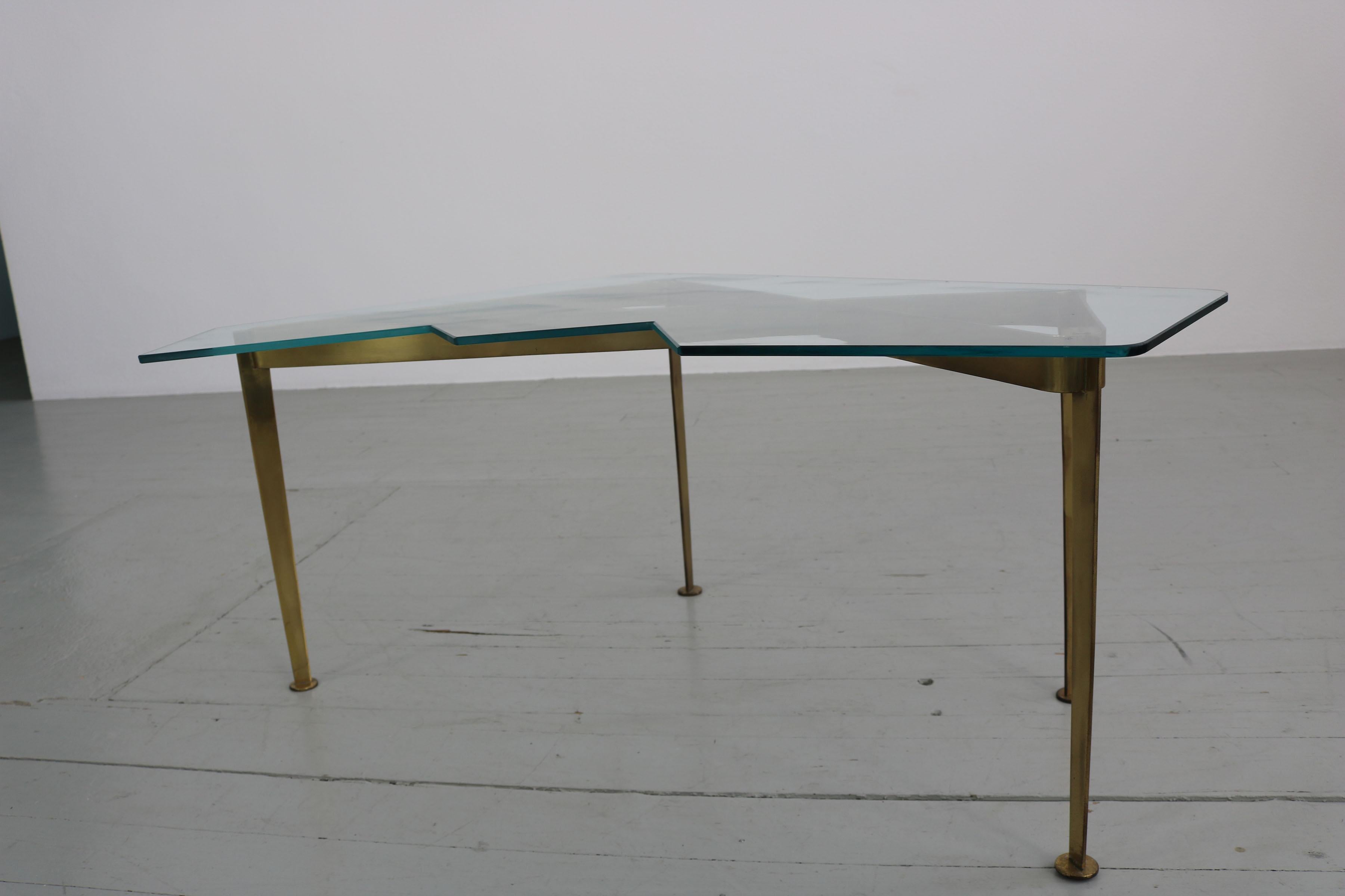 Italian Coffee Table with Brass Frame and Cut Crystal Glass Top For Sale 11