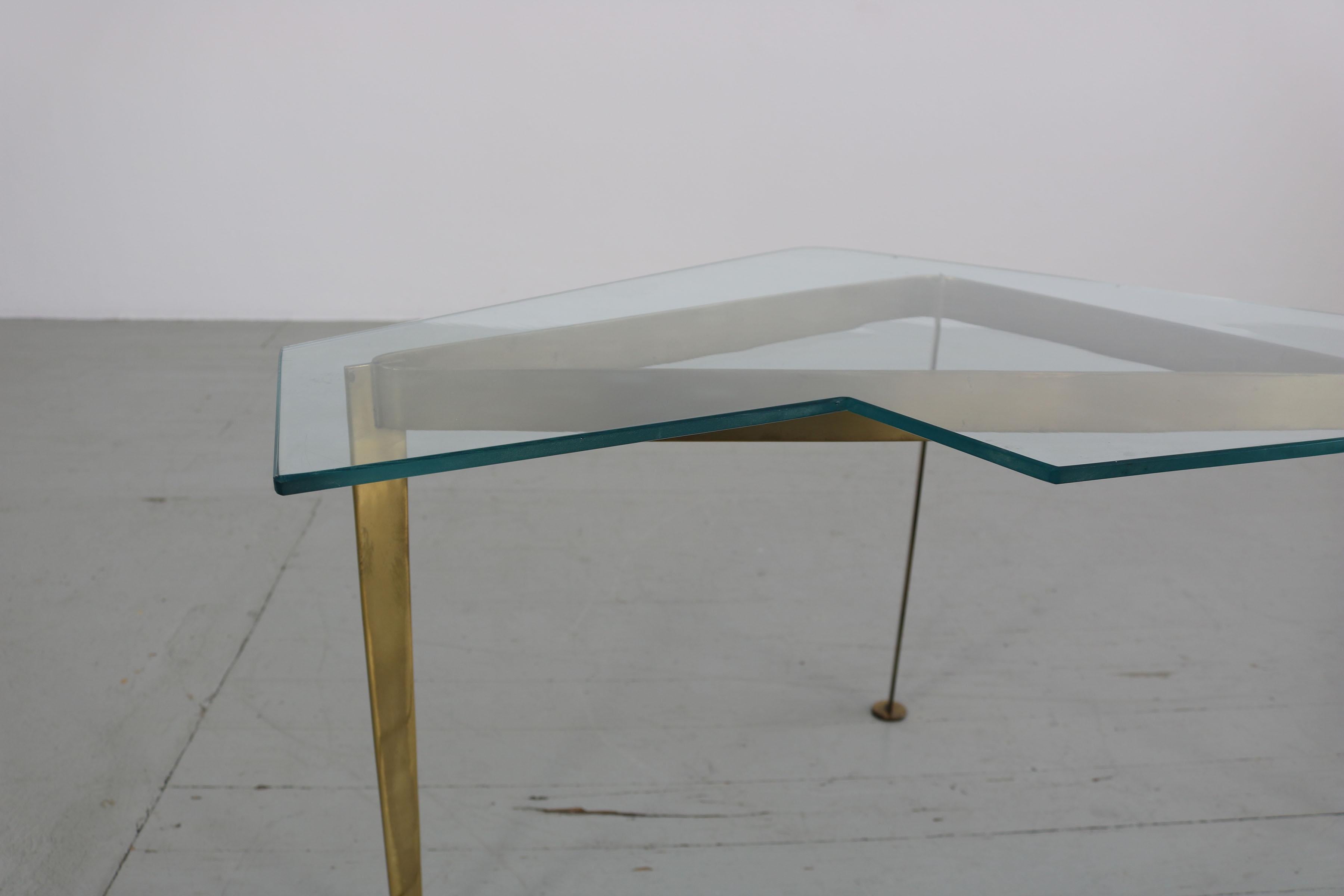 Italian Coffee Table with Brass Frame and Cut Crystal Glass Top For Sale 12