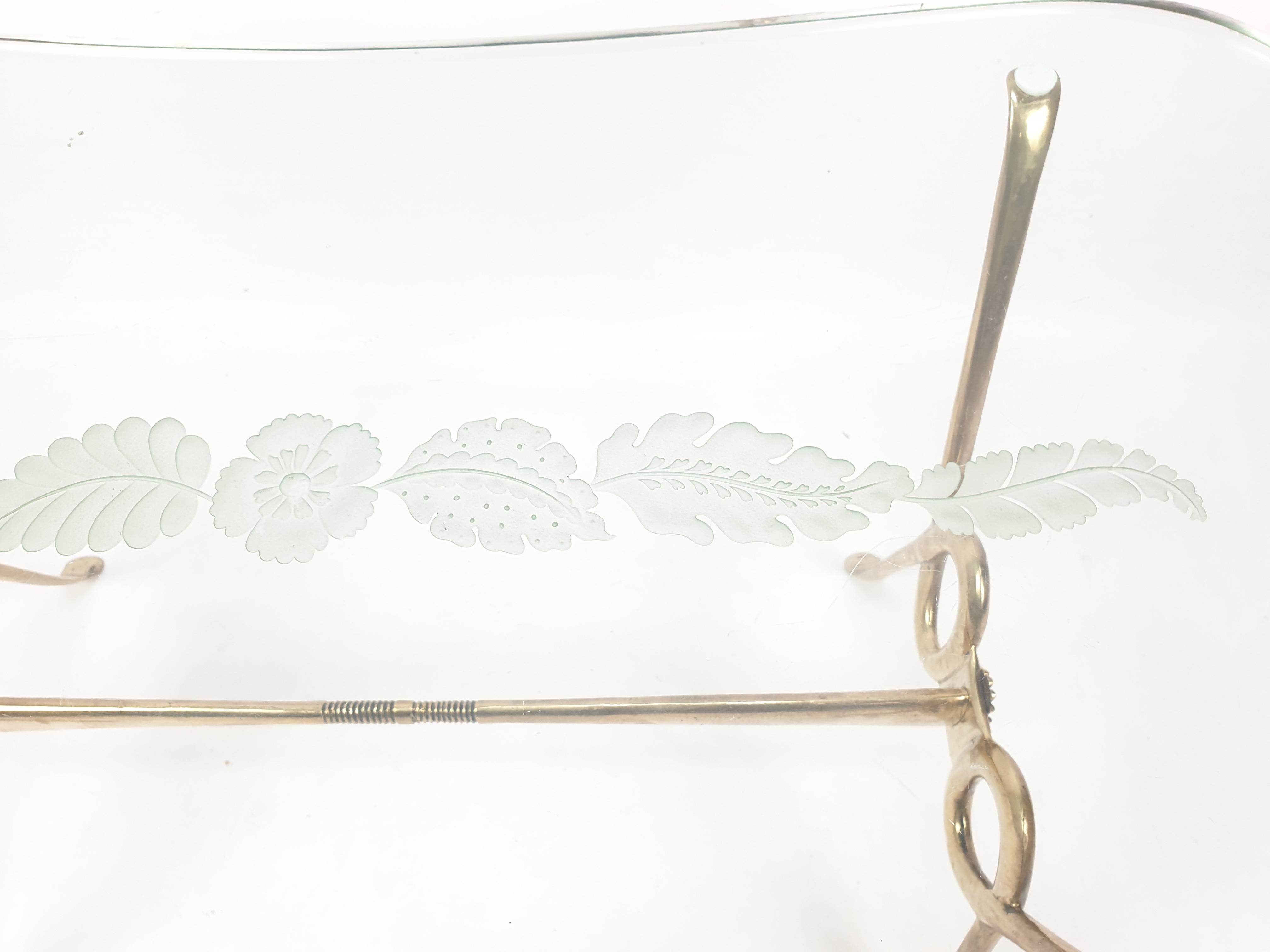 Italian Coffee Table with Etched Glass and Brass Base, 1960s For Sale 5