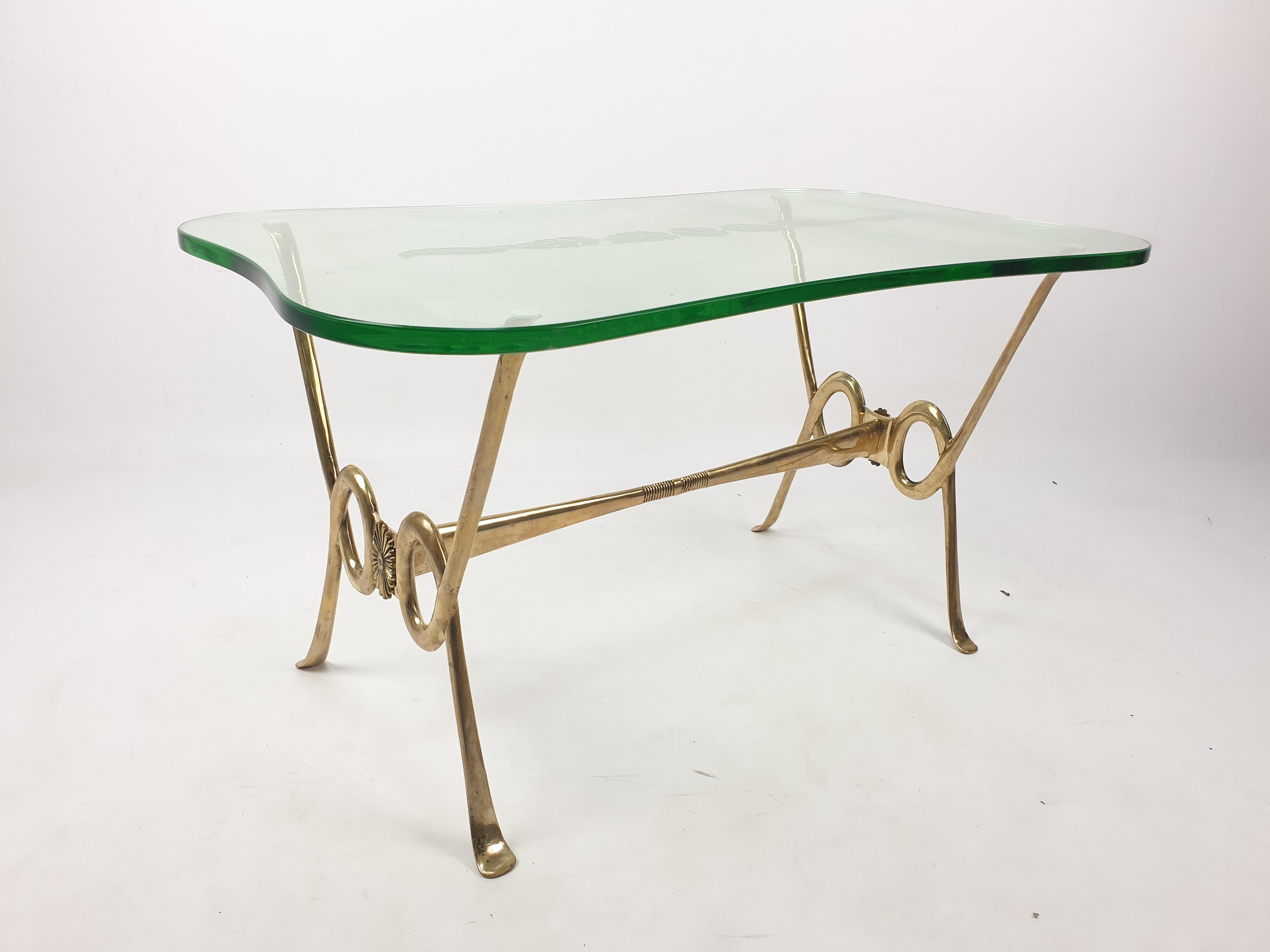 Mid-Century Modern Italian Coffee Table with Etched Glass and Brass Base, 1960s For Sale