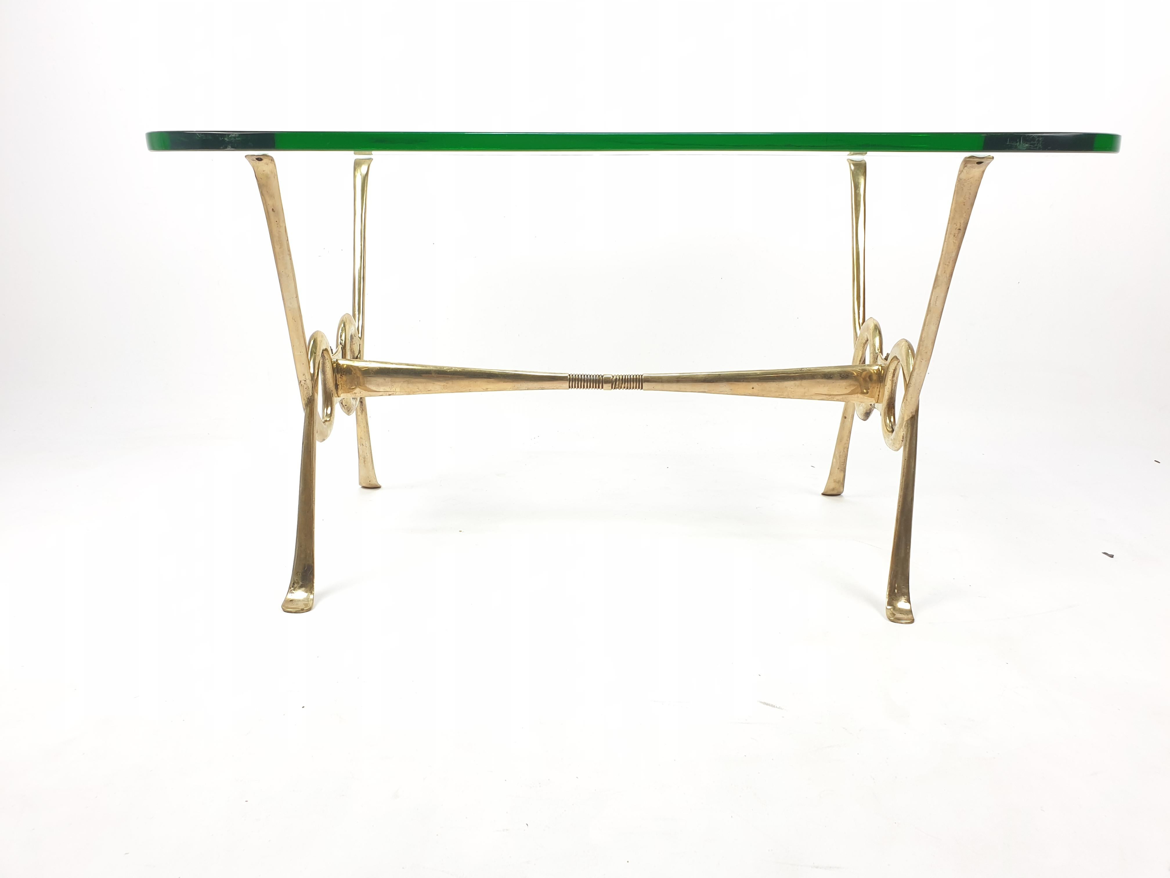 Italian Coffee Table with Etched Glass and Brass Base, 1960s For Sale 1