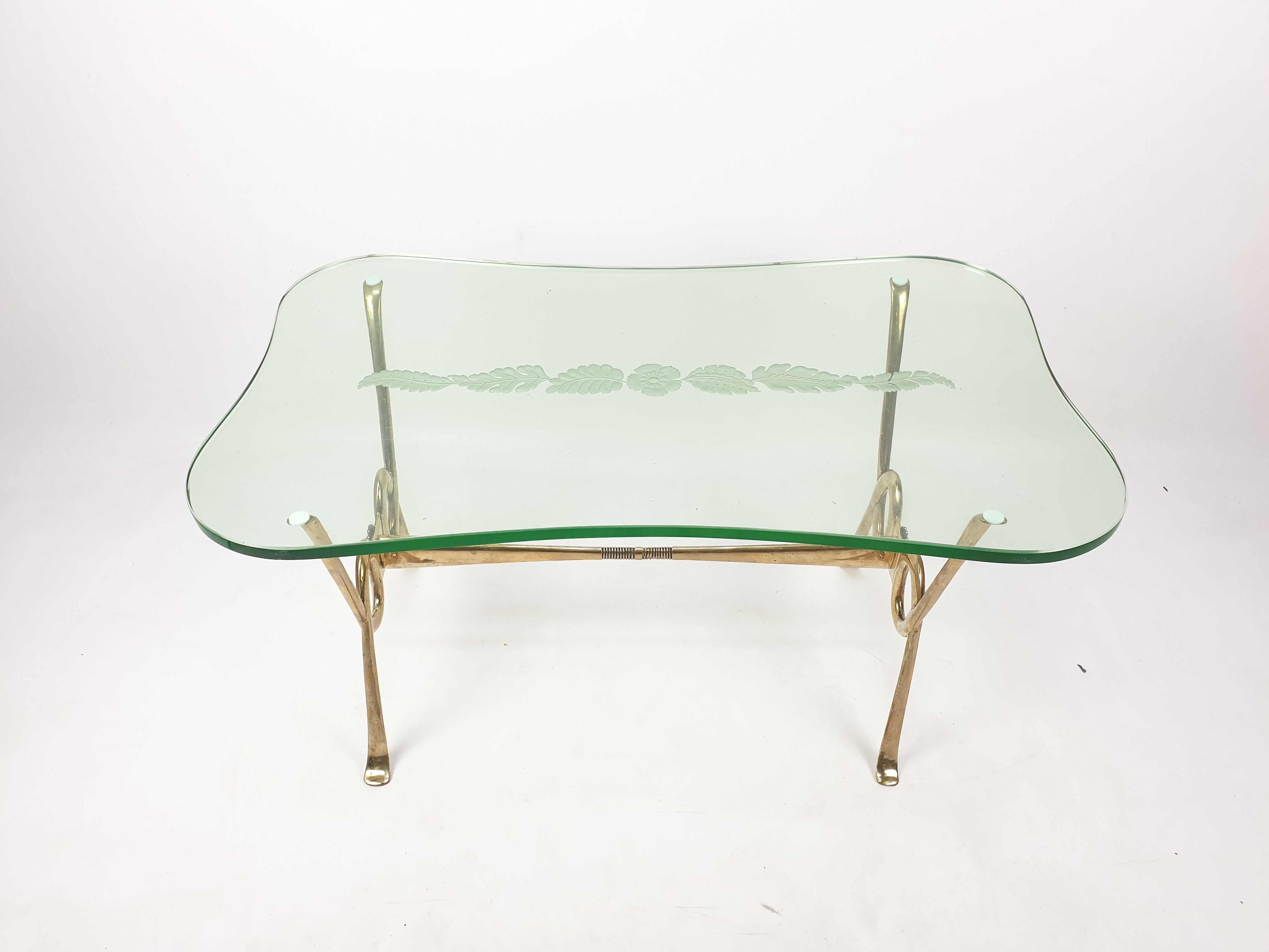 Italian Coffee Table with Etched Glass and Brass Base, 1960s For Sale 2