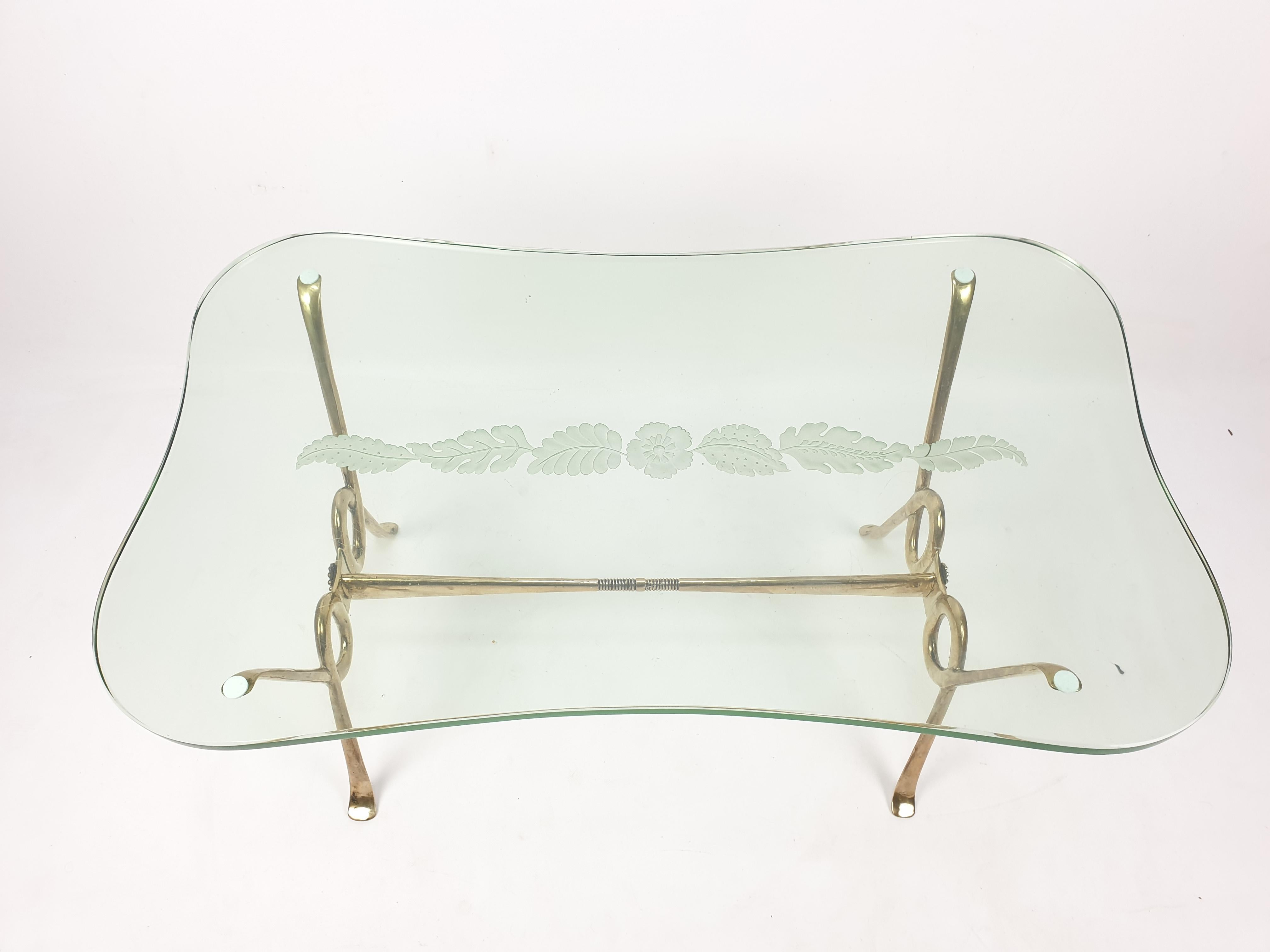 Italian Coffee Table with Etched Glass and Brass Base, 1960s For Sale 3