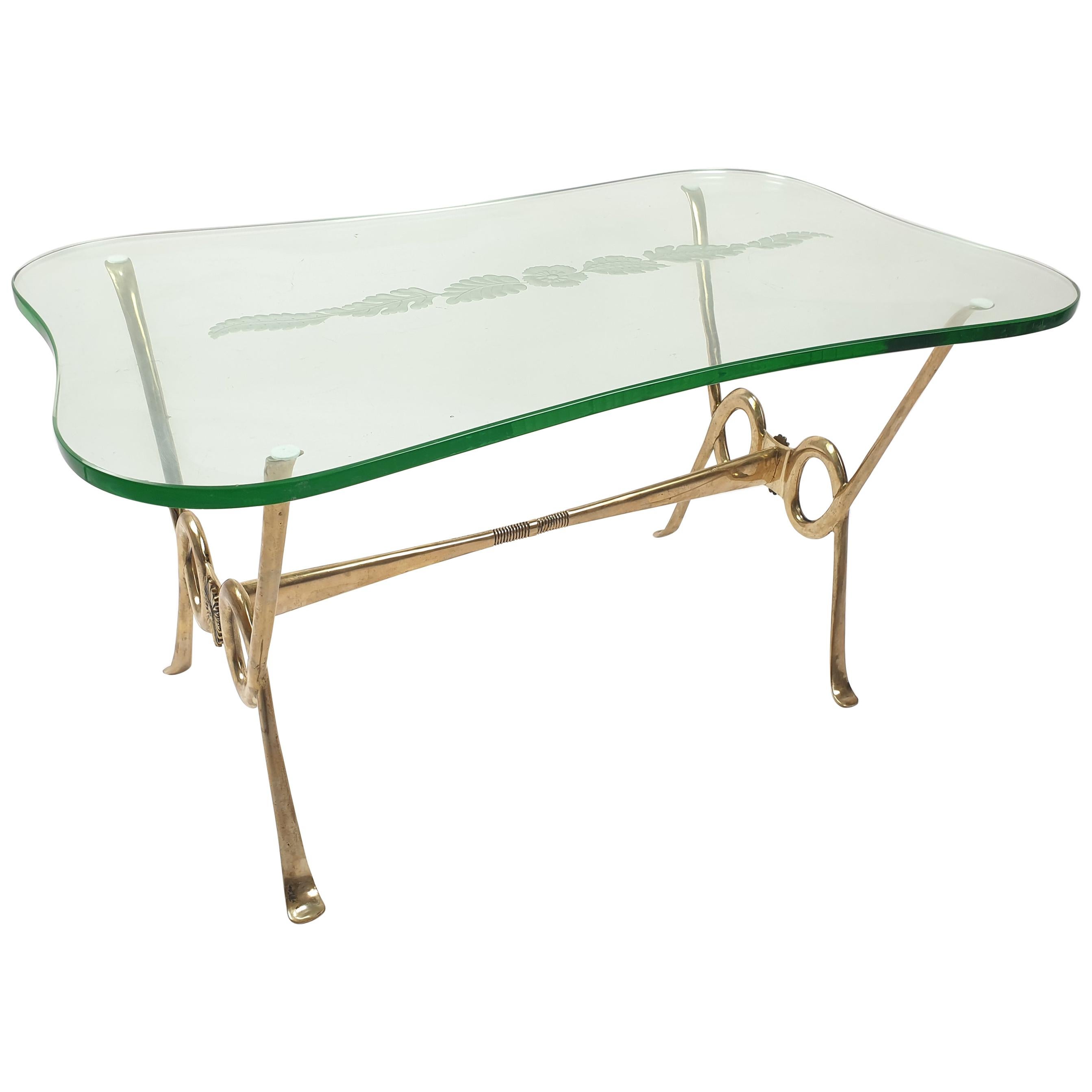 Italian Coffee Table with Etched Glass and Brass Base, 1960s For Sale