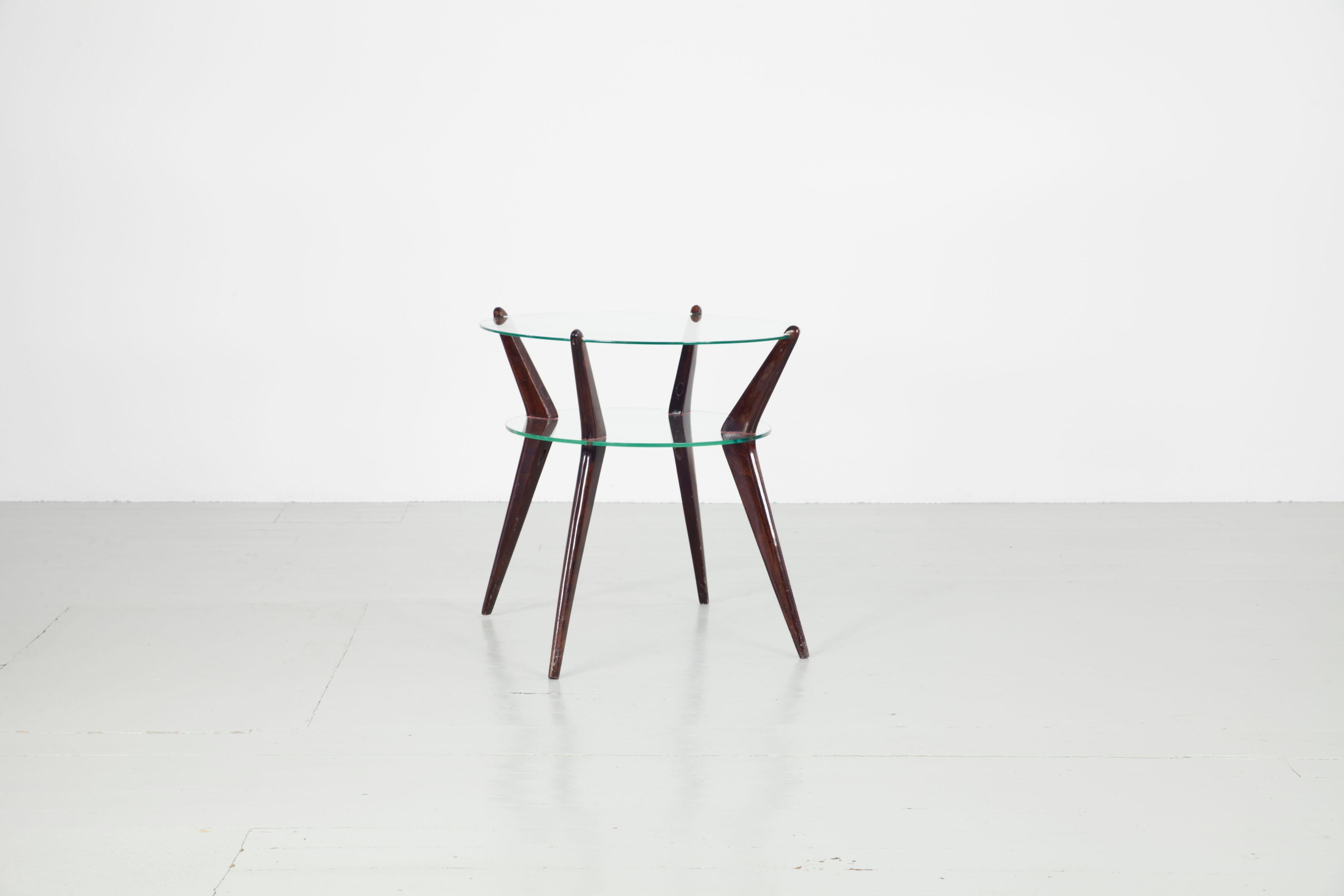 Mid-Century Modern Italian Coffee Table with Legs of Dark Stained Wood and Glass Top, 1950s
