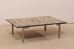 Italian Coffee Table with Mythological Baroque Scenery Top on Silver Metal Base