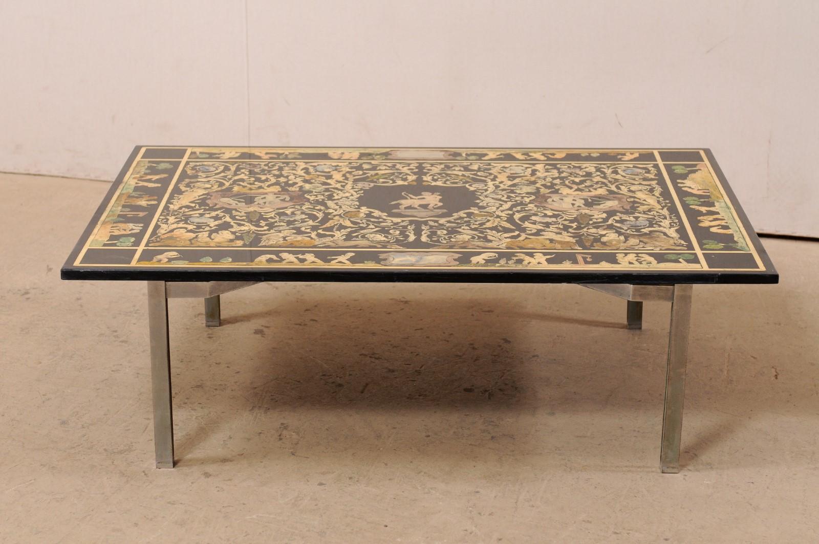 Italian Coffee Table with Mythological Baroque Scenery Top on Silver Metal Base In Good Condition For Sale In Atlanta, GA