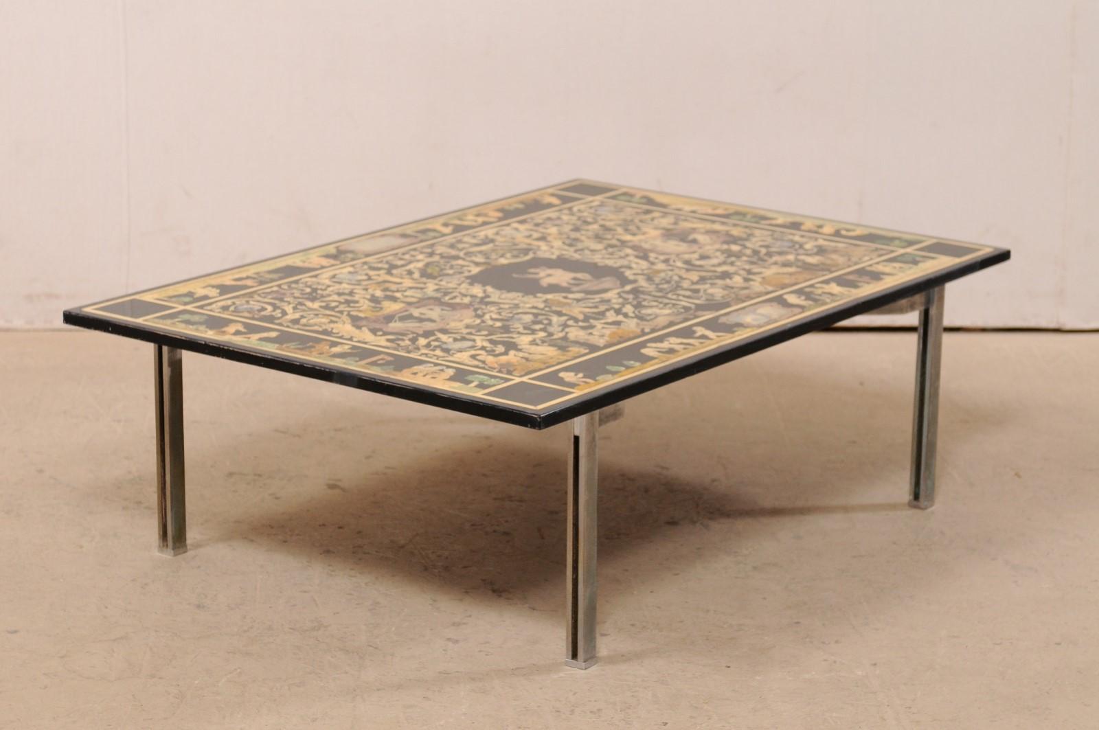 20th Century Italian Coffee Table with Mythological Baroque Scenery Top on Silver Metal Base For Sale