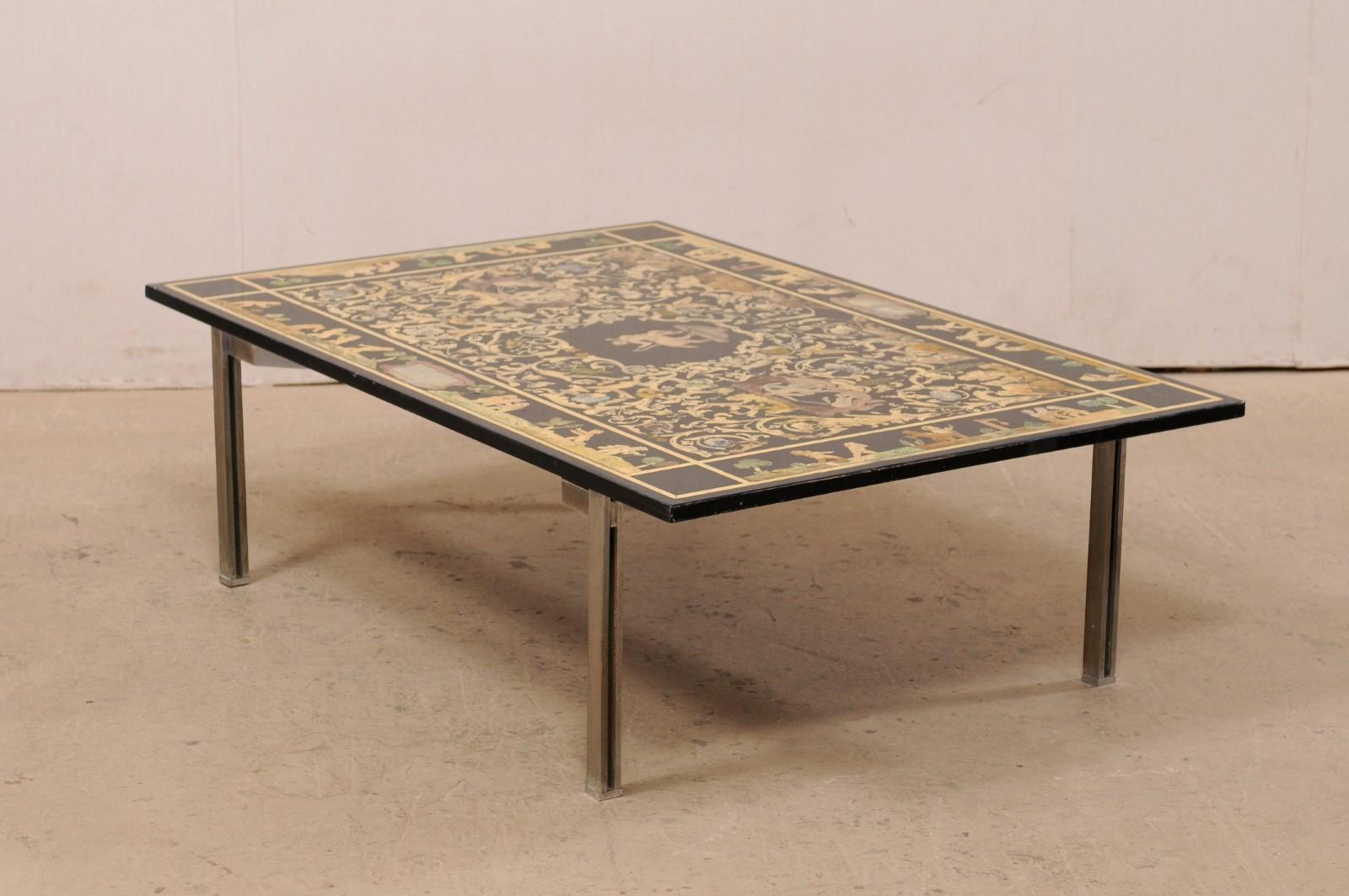 Italian Coffee Table with Mythological Baroque Scenery Top on Silver Metal Base For Sale 2