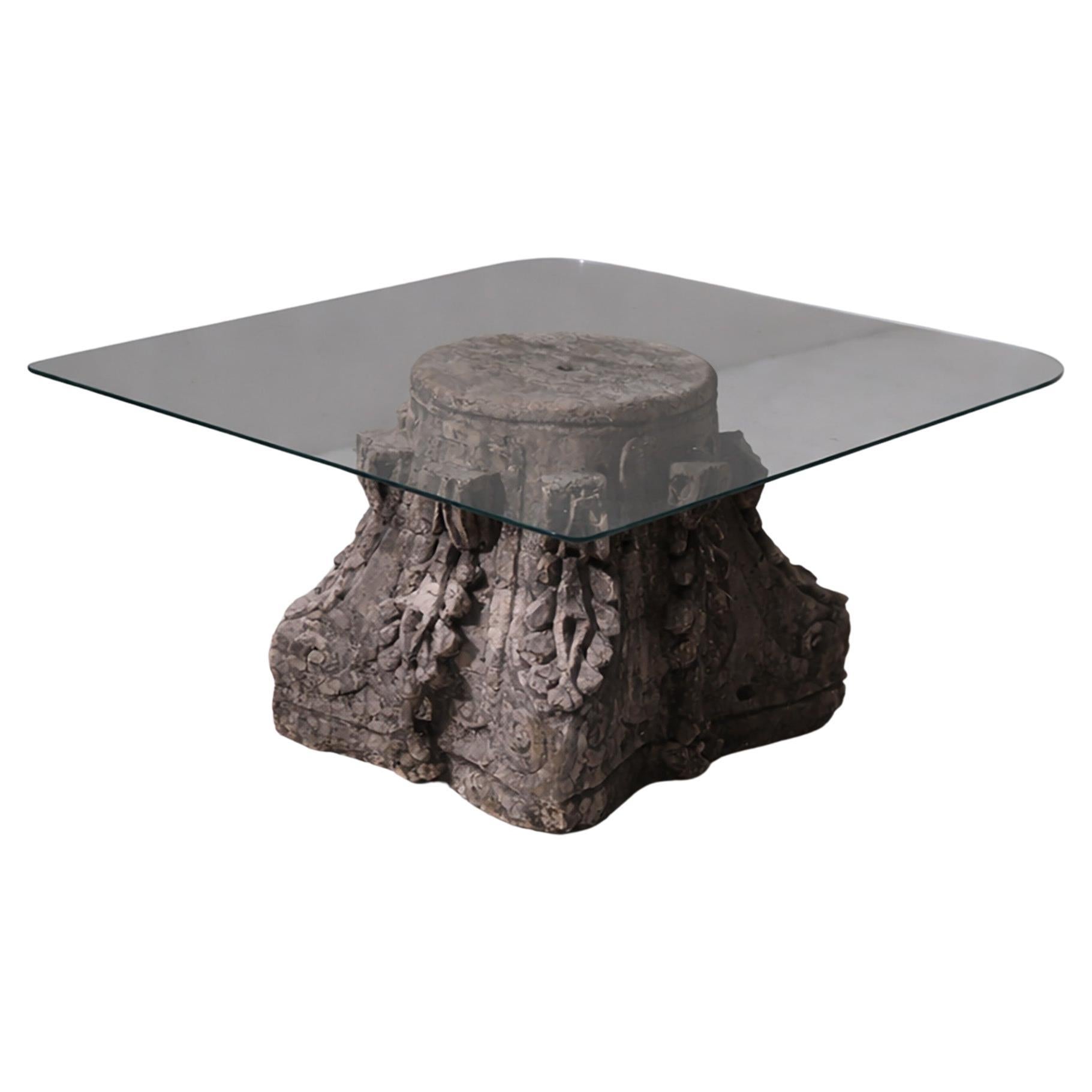 Italian coffee table with Roman Corinthian capital in stone and glass