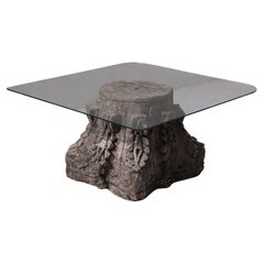 Italian coffee table with Roman Corinthian capital in stone and glass