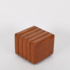 Italian Cognac Leather Cube Pouf or Side Table, Poltrona Frau, Italy, 1970s