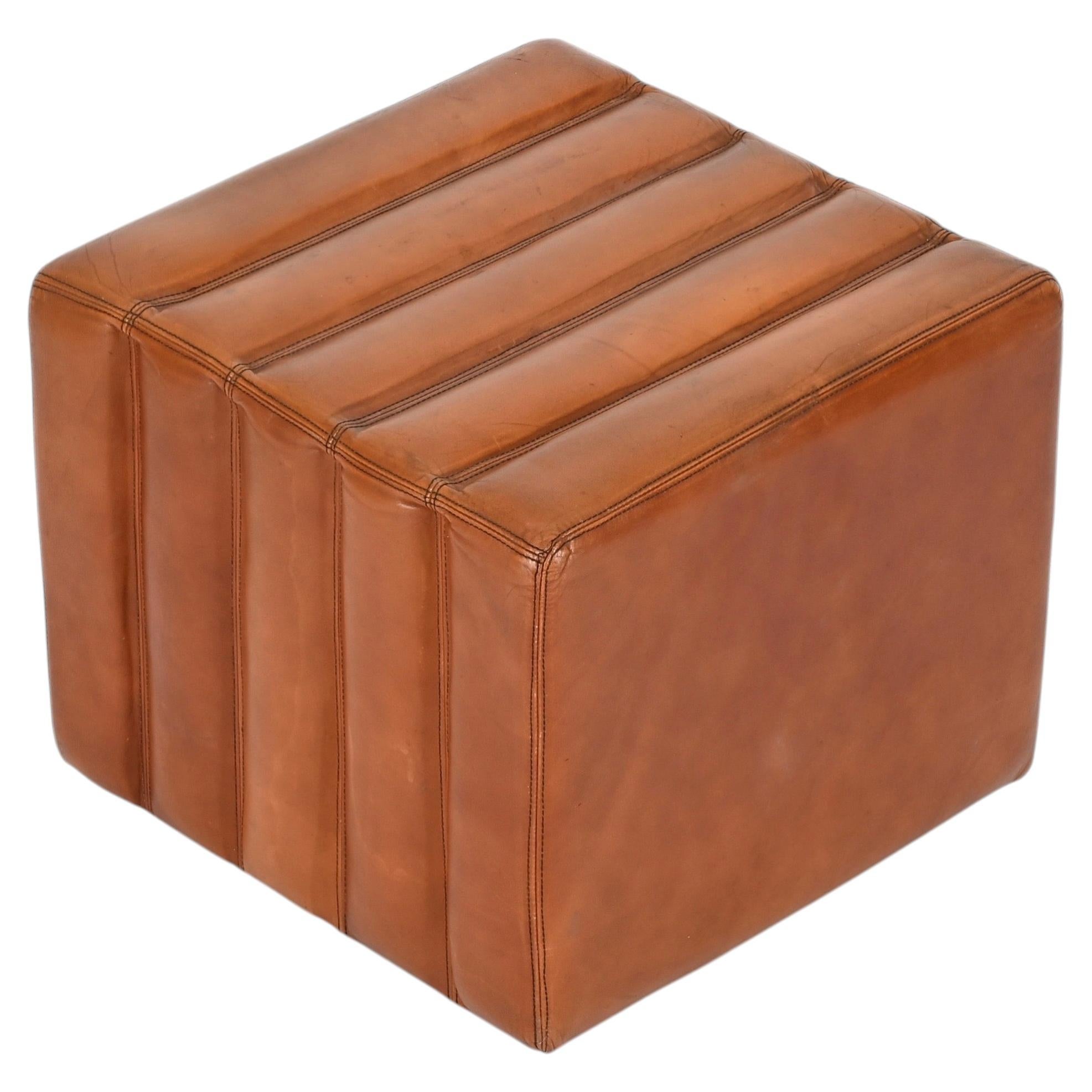 Italian Cognac Leather Cube Pouf or Side Table, Poltrona Frau, Italy, 1970s