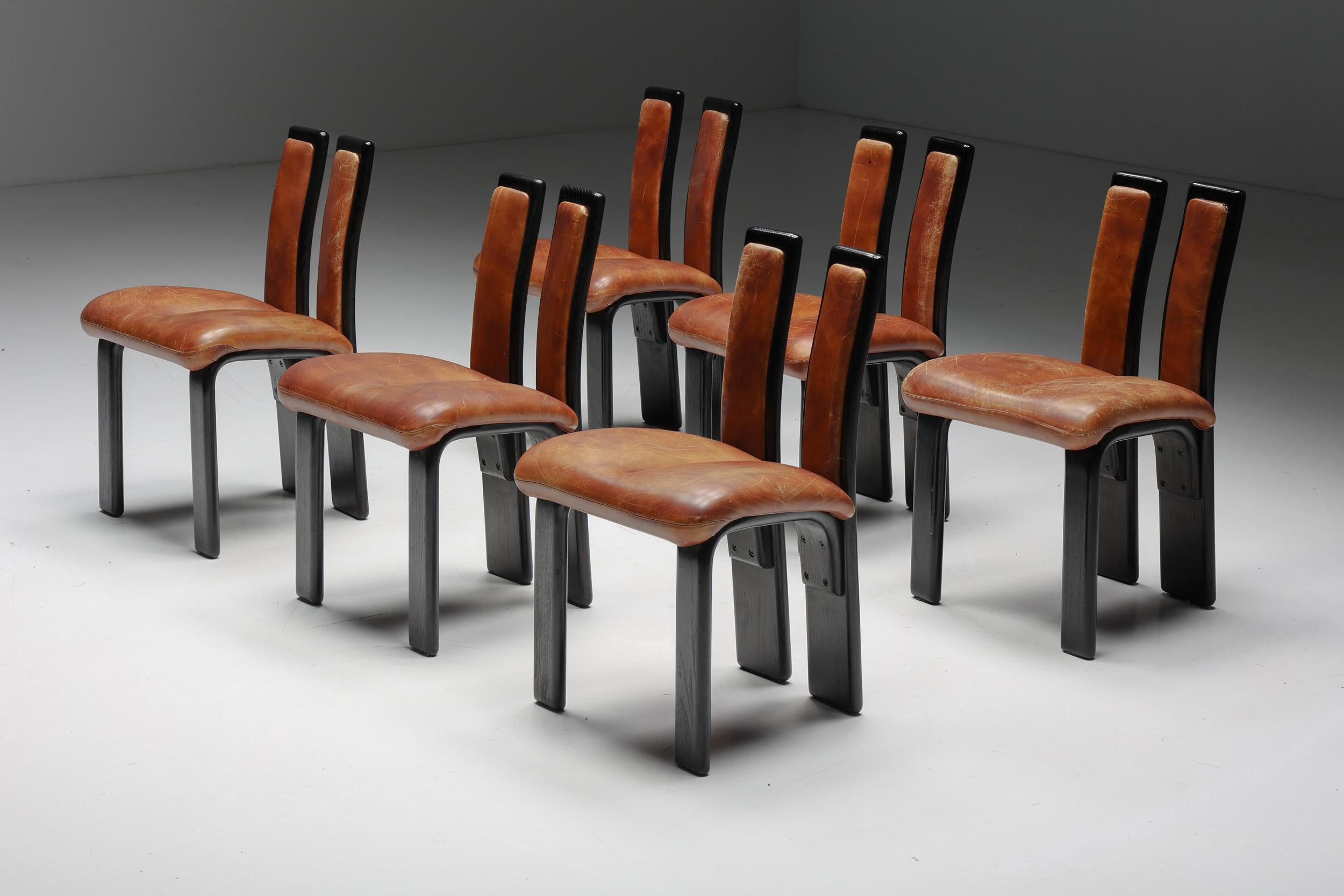 Mid-Century Modern Italian Cognac Leather Dining Chairs, 1980s