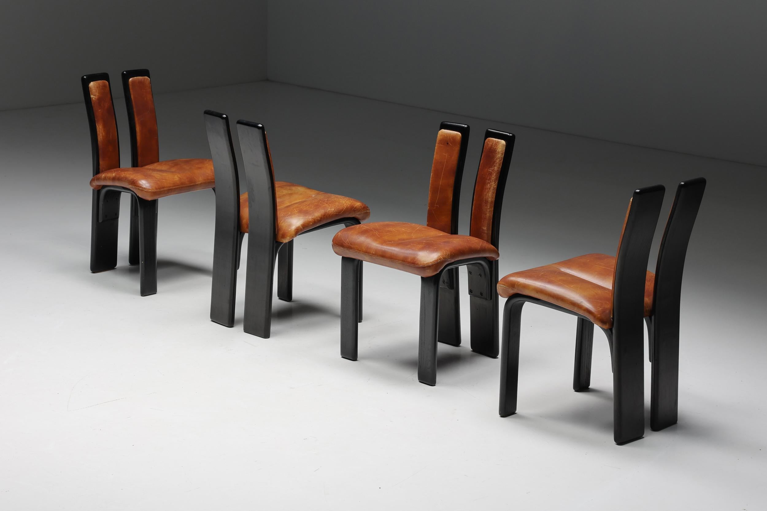 Late 20th Century Italian Cognac Leather Dining Chairs, 1980s