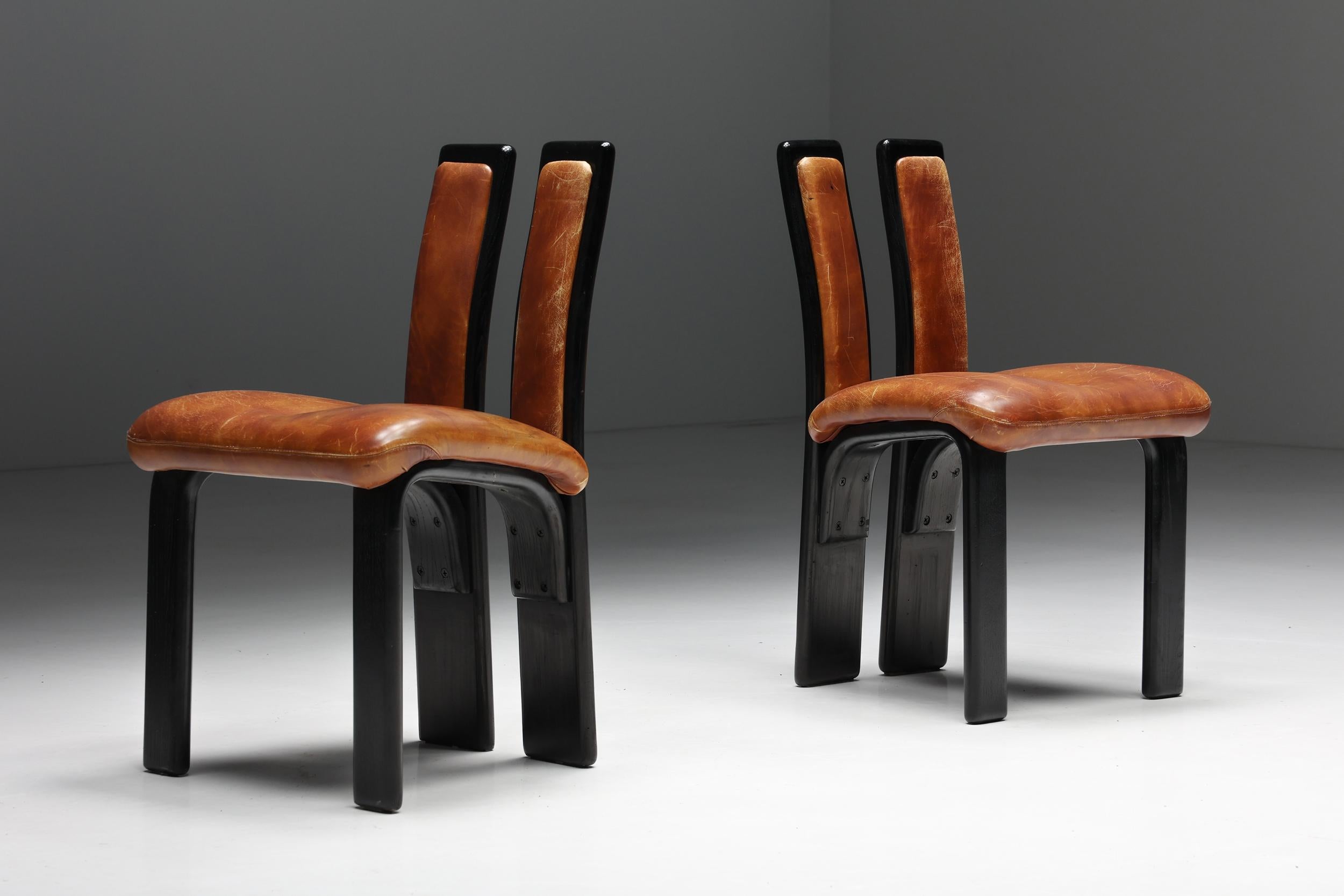 Wood Italian Cognac Leather Dining Chairs, 1980s